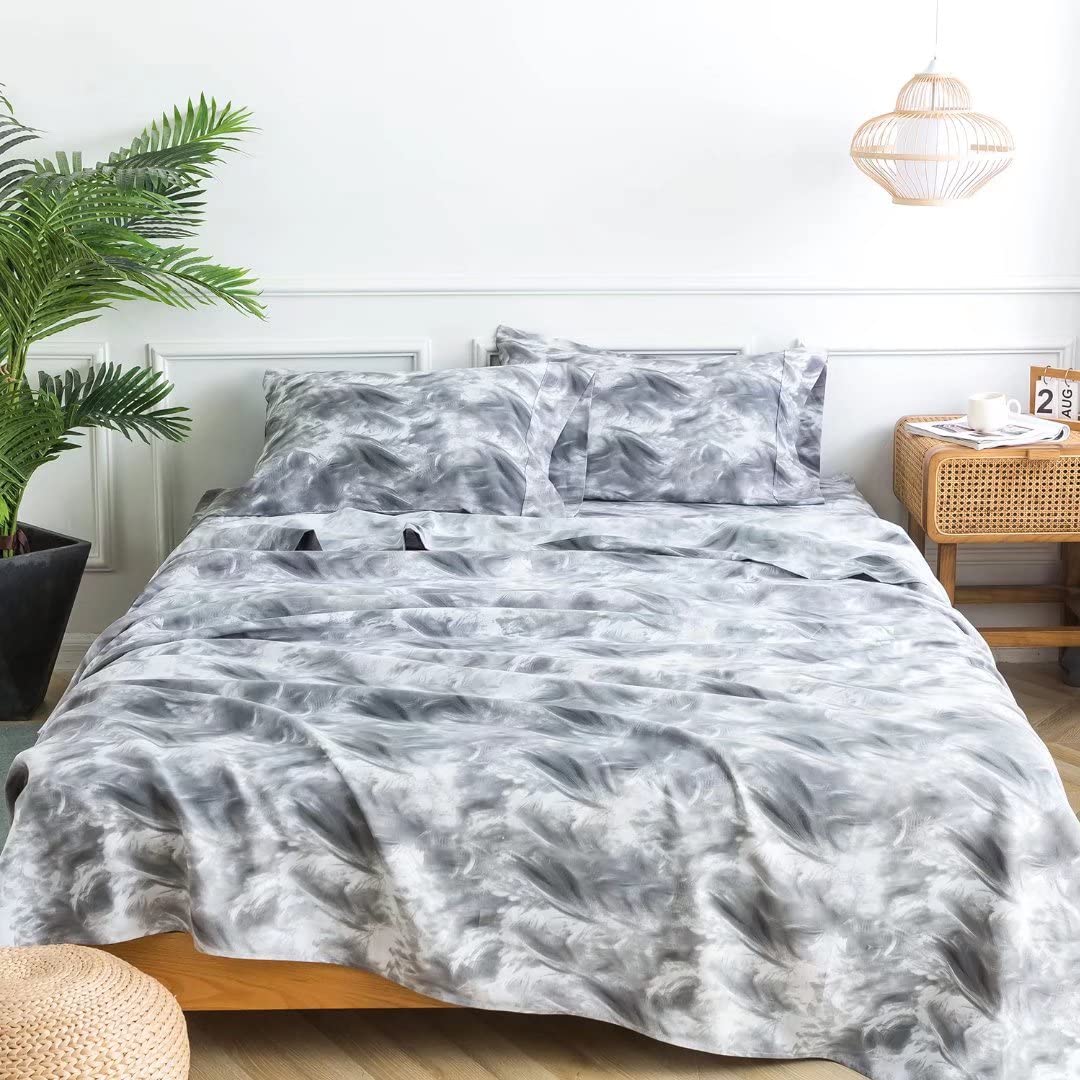 California King Size Bed Sheets Set 4PC - Soft Cooling 1800 Thread Count Microfiber Printed Sheet, 8 - 17" Deep Pocket Breathes Better, Wrinkle, Machine Washable Grey Marble Patterned Double Bedding