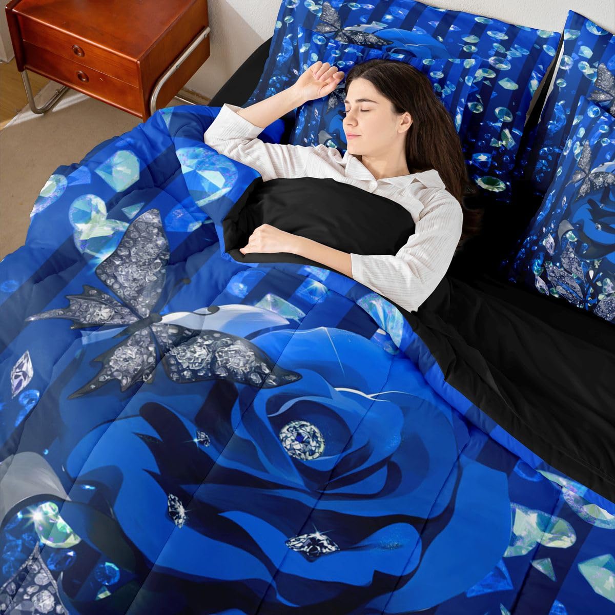 Erosebridal Blue Rose Floral Queen Bedding Set 7 Piece Romantic Valentine Bed in A Bag with Sheets Stripes Diamond Butterflies Comforter Set for Women Men Adults,Lovers Modern Fashion Bed Sets