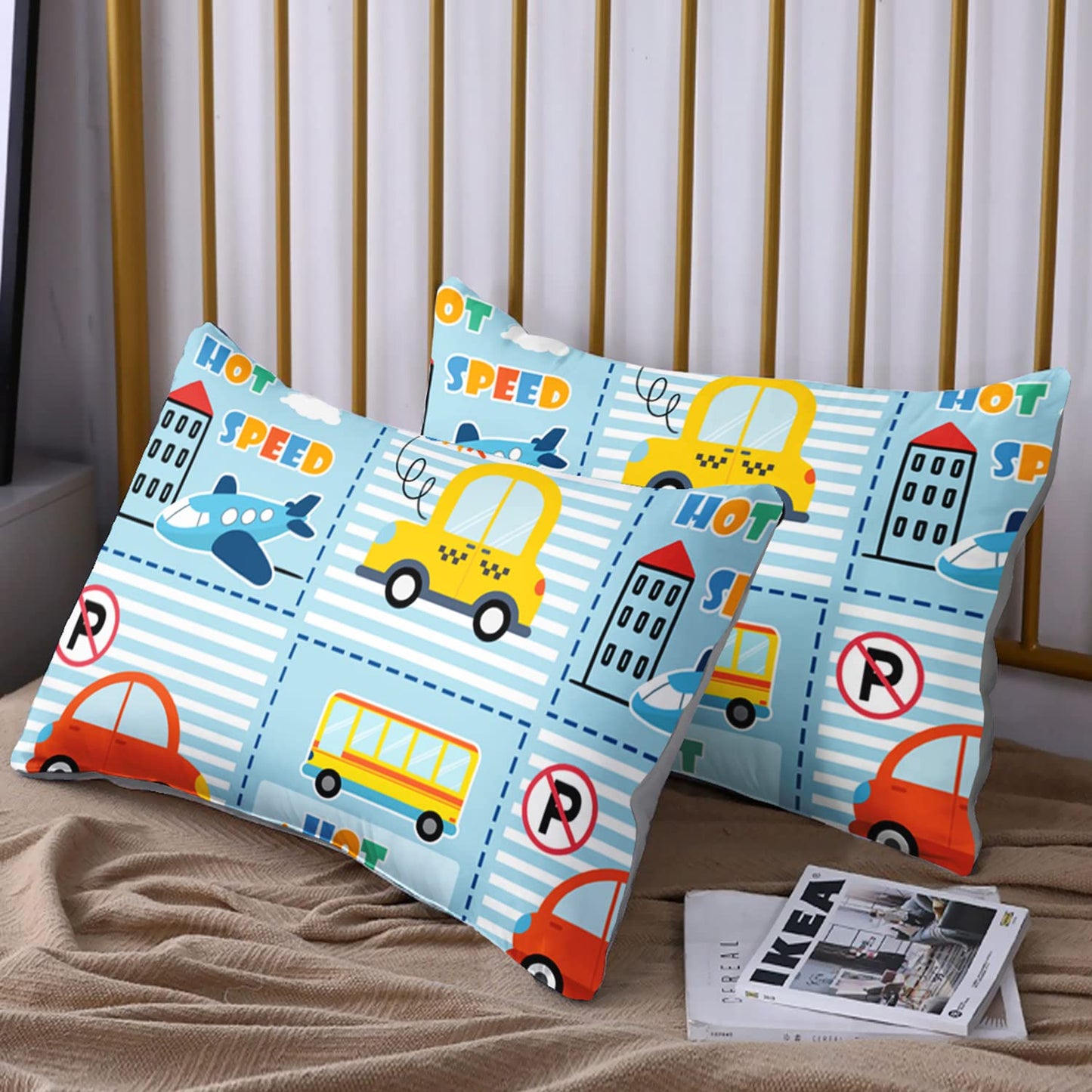 HOSIMA Cartoon Car Kids Fitted Sheet Sets for Girls Boys Room Decor,Transportations Submarine Motorcycle Airplane Pattern Bedding Sets Queen Size,Soft Light Blue Fitted Sheet Set.