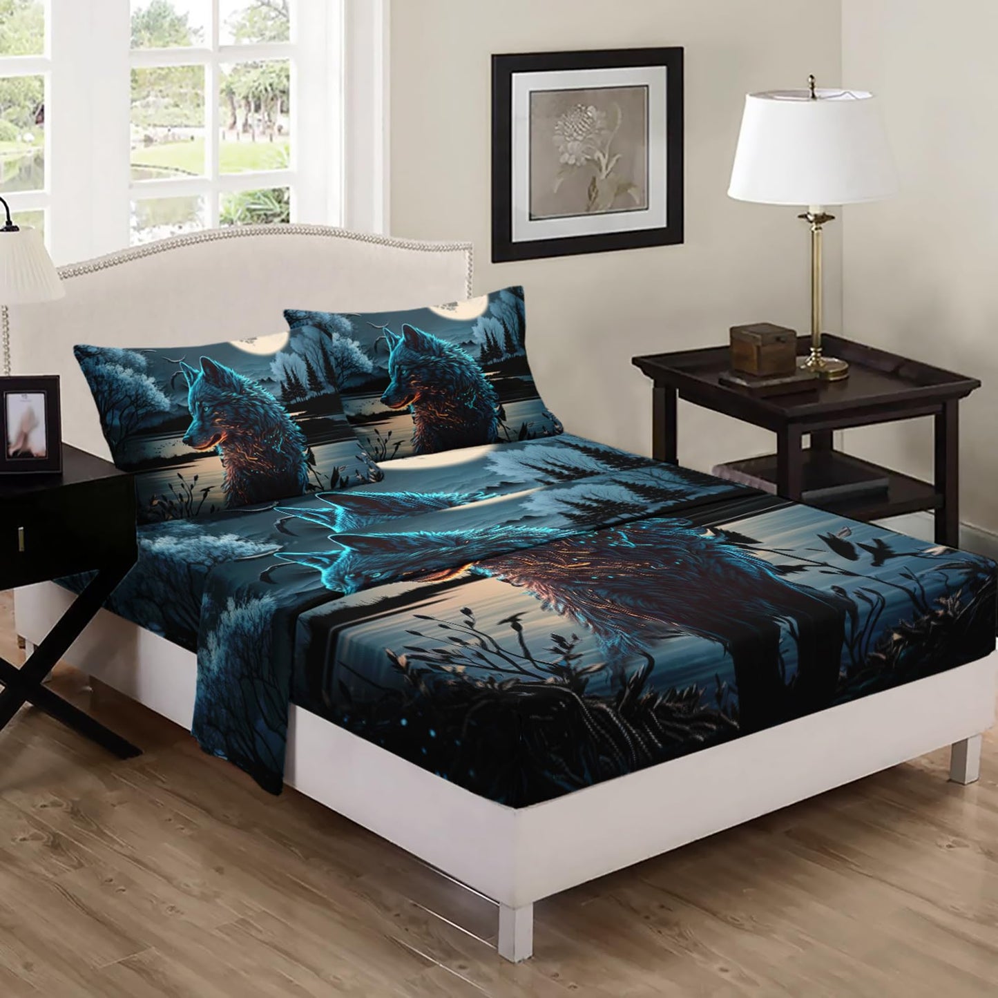 Nttopship Moon Wolf 4 Pieces Bed Sheet Sets Full Size Moon and Cartoon Wolves Bedding Sets with 16" Deep Pockets Wild Animal Printed Bedroom Decor,Bedding Set 4 PCS(1 Fitted+1 Flat+2 Pillowcases)