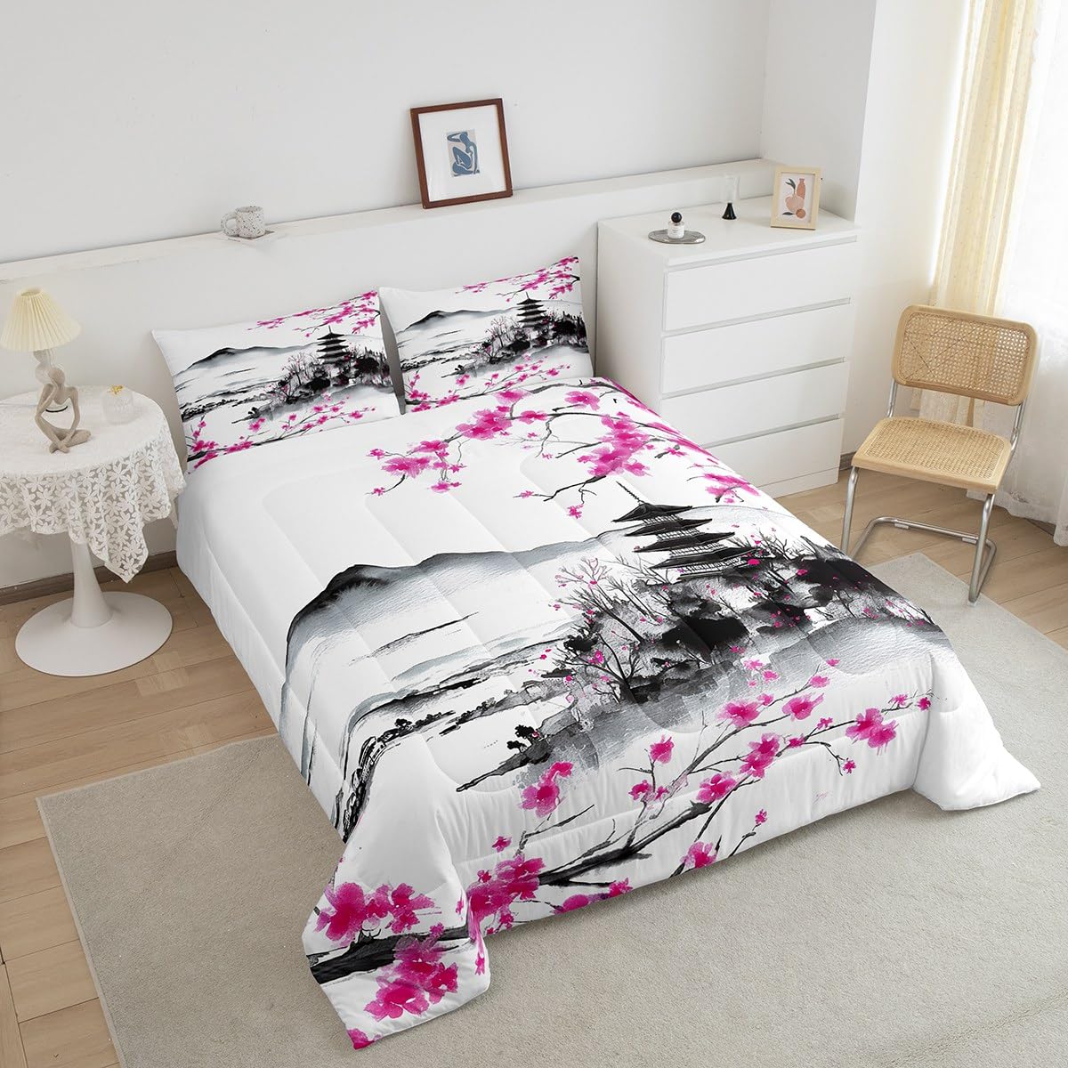 jejeloiu Japanese Bedding Set Full Size Kids Cherry Flower Comforter for Boys Girls Ink Painting Comforter Set Traditional Duvet Set Room Decorations Quilt Set