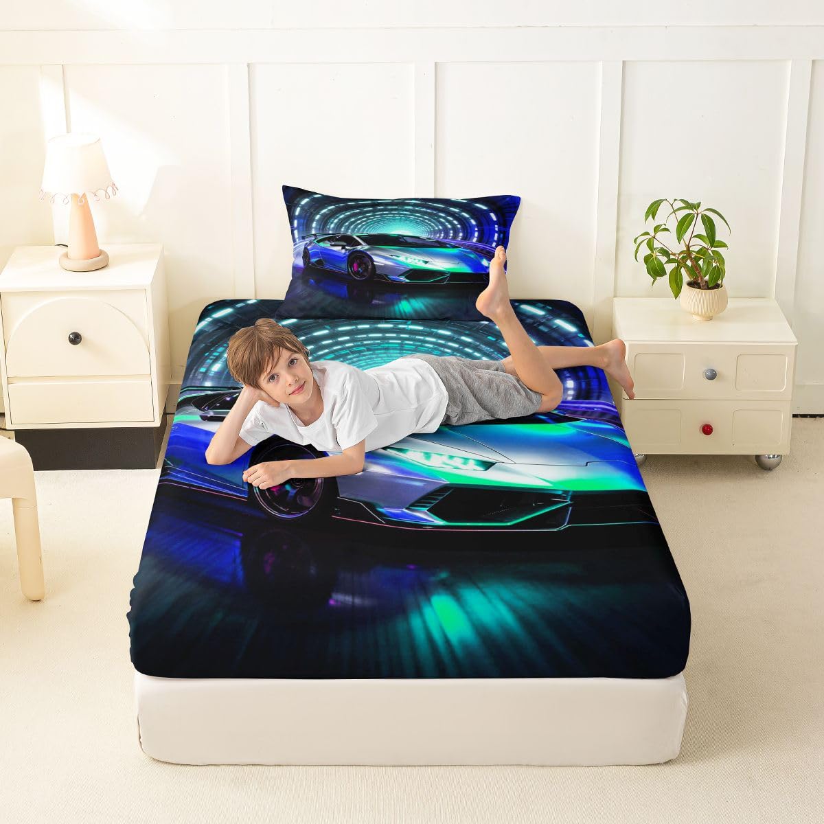 Feelyou Boys Sports Car Fitted Sheet Twin Size for Kids Boys Girls Speed Sports Bed Sheets Set 16" Deep Pocket Soft Breathable Microfiber Blue Racing Car Bedding with 1 Pillowcase Room Decor