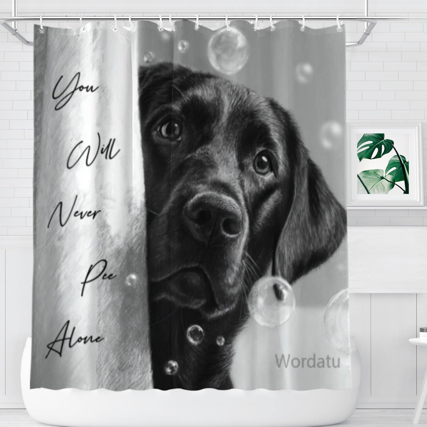 Wordatu Funny Black Labrador Dog Bathroom Shower Curtain 72x72 Inch You Will Never Pee Alone Black White Interesting Polyester Waterproof Decor 12 Hooks