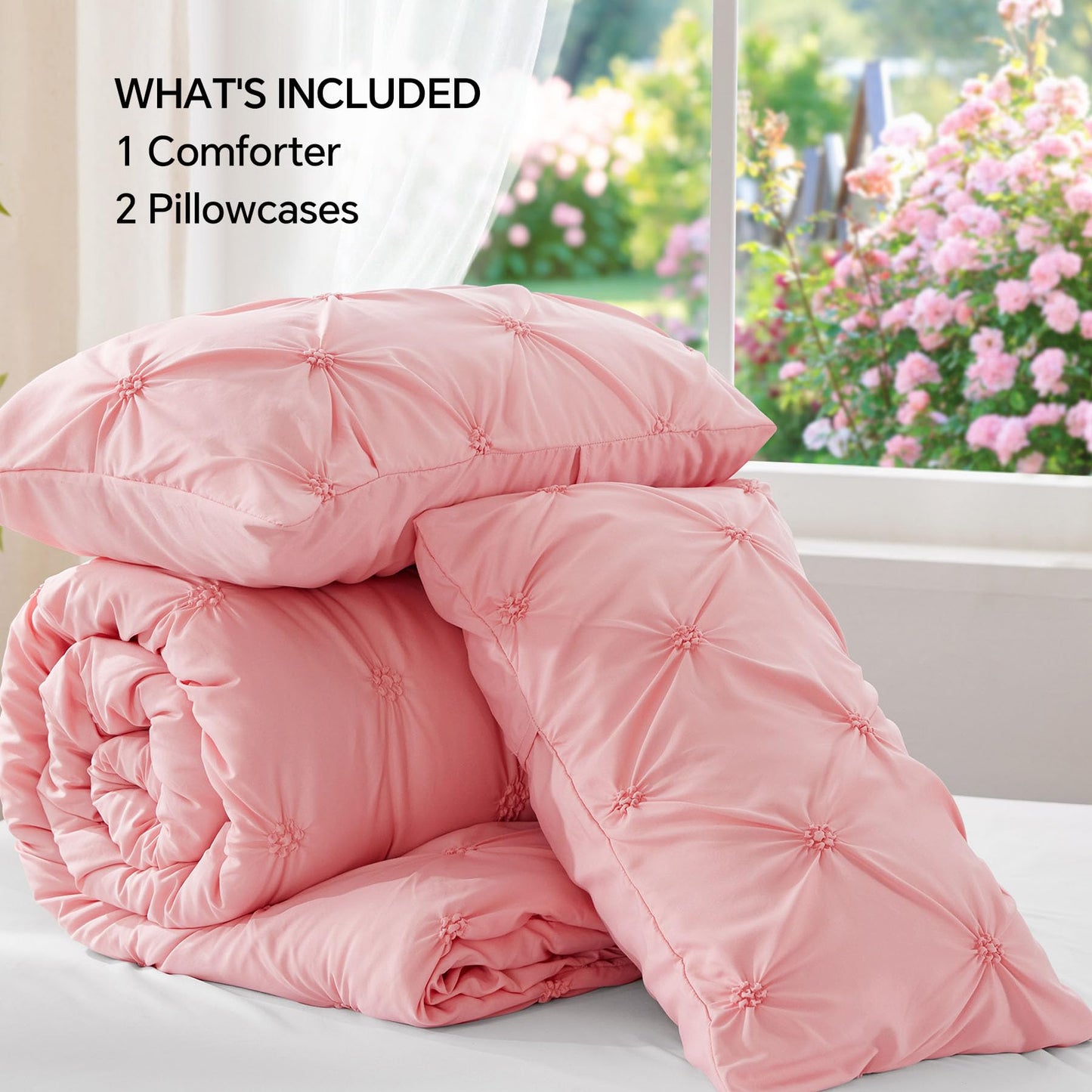 BEDELITE Pink Queen Comforter Set - 3 Pieces Boho Pintuck Bedding Comforter Sets, Lightweight Soft & Warm Bed Comforter with 2 Pillowcases for All Season,Valentines Day