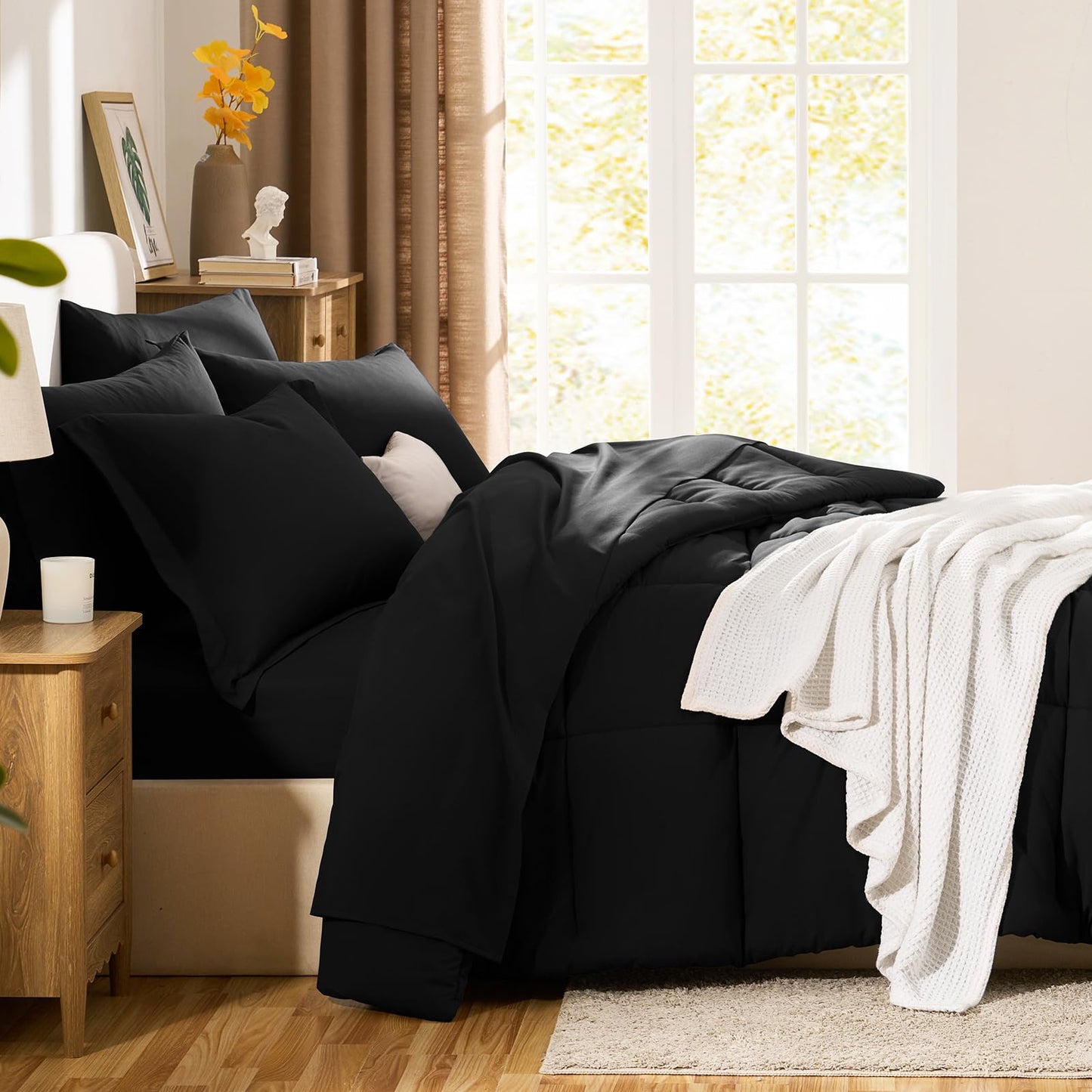 CozyLux Queen Comforter Set Black - 7 Pieces Bed in a Bag Queen, Oeko-Tex Certified Bedding Set, All Season Soft Bed Set with Down Alternative Comforter, Sheets, Pillowcases & Shams