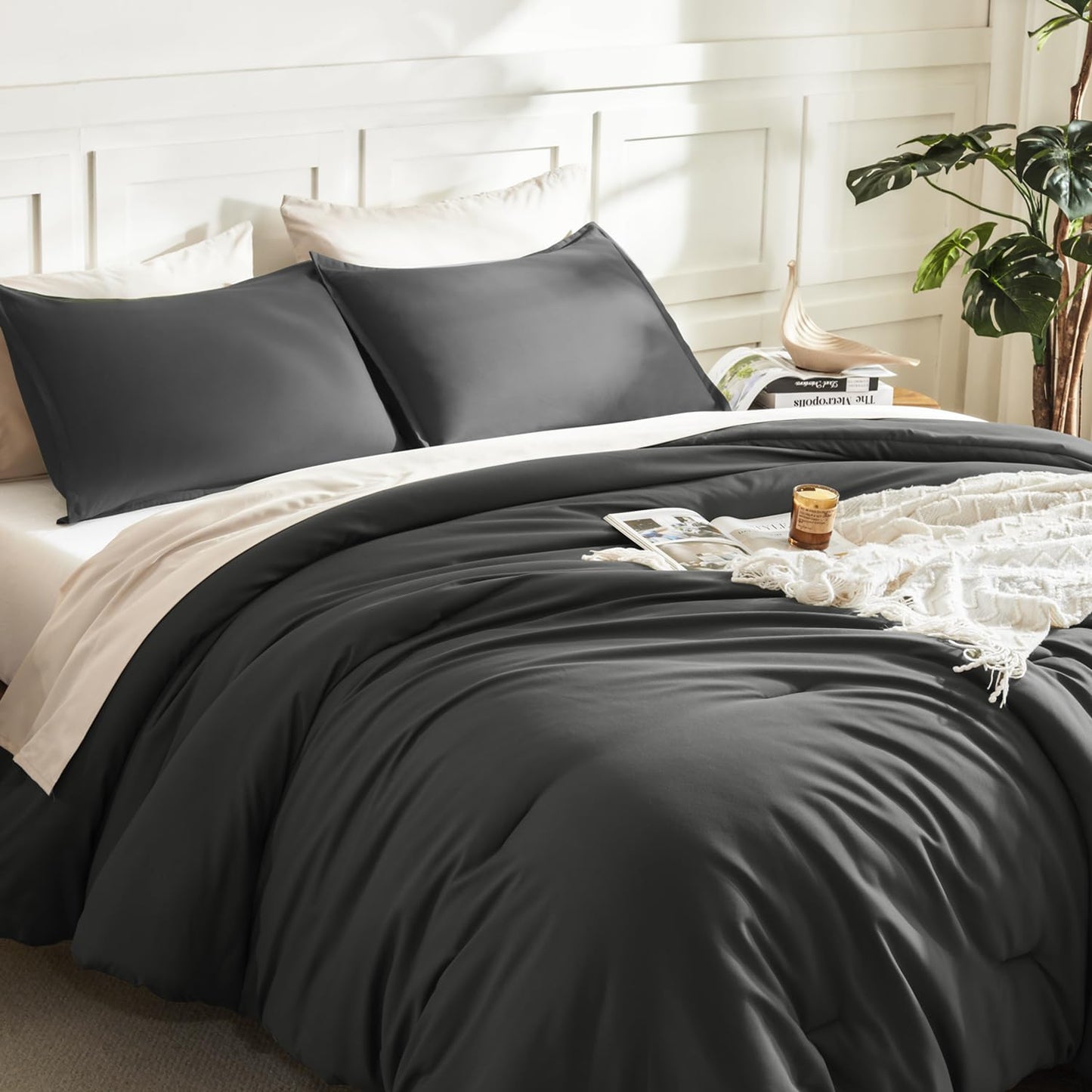 Litanika Grey Comforter King Size Set, Dark Gray Lightweight Plain Bedding Comforters Sets, All Season Fluffy Bed Set (104x90In Comforter & 2 Pillowcases)