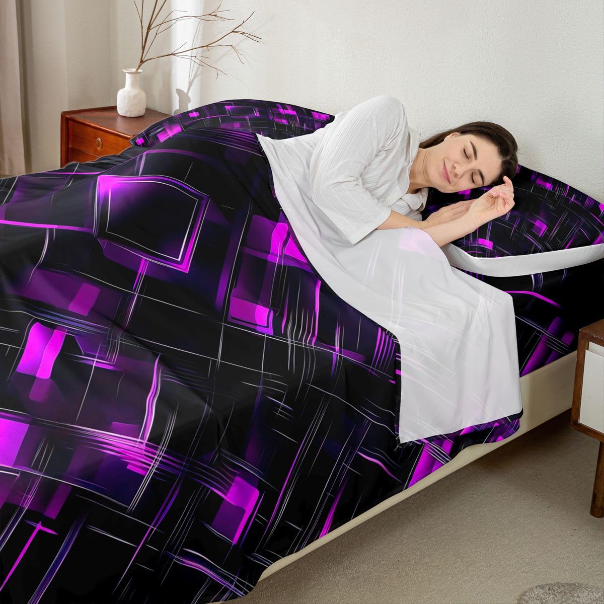 Feelyou Black Pink Bed Sheets Set Queen Size Geometric Checkered Bed Set for Kids Boys Girls Abstract Stereoscopic Grids Deep Pocket Fitted Sheet Breathable Soft Lightweight Microfiber