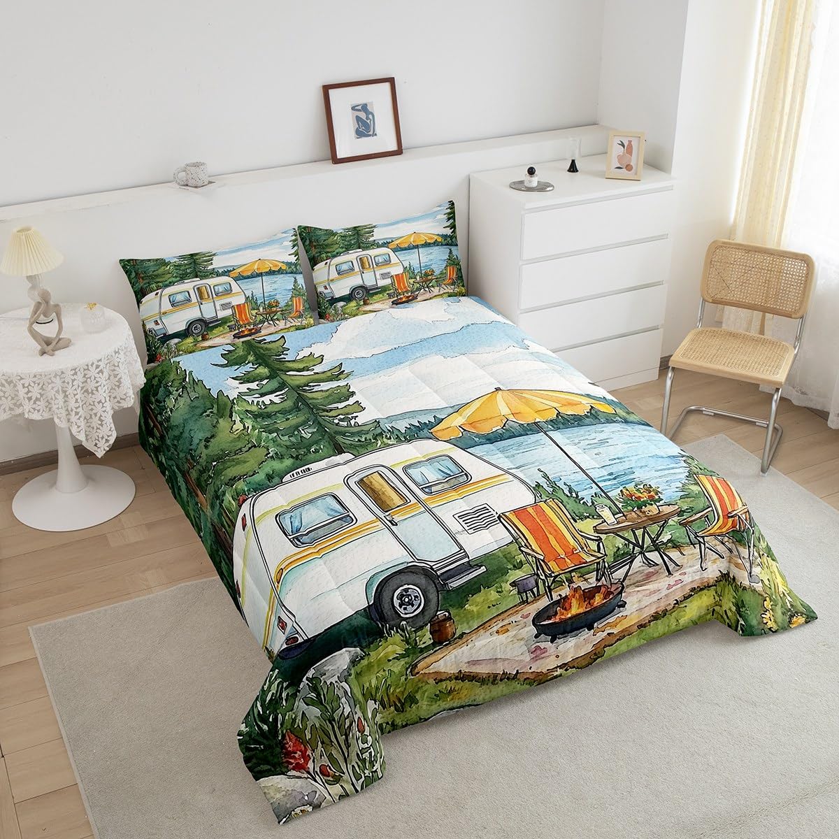 Erosebridal Camper Rv Car Bedding King,Happy Camping Comforter Set Travel Trailers Bed Sets Watercolor Painting Theme Duvet Insert 3 Pieces
