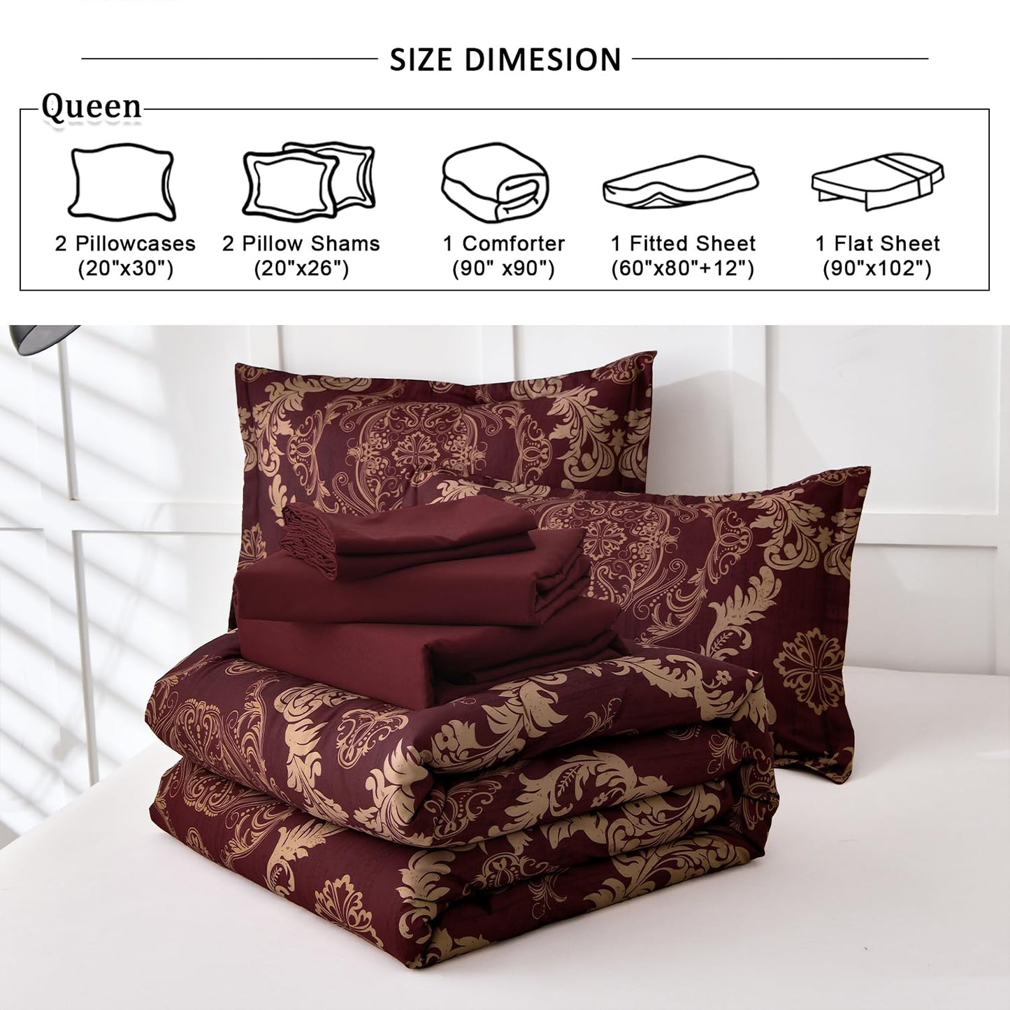WONGS BEDDING Burgundy Comforter Set Queen Size, Maroon Damask Texture 7 Pieces Bed in a Bag Microfiber Comforter Bedding Sets -1 Comforter, 1 Flat Sheet, 1 Fitted Sheet, 2 Pillow Shams, 2 Pillowcases