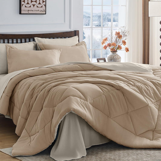 HEVUMYI Khaki & Linen Queen Comforter Set - 7-Piece All Season Bed in a Bag Queen, Ultra Soft Bedding Set with Comforter, Flat Sheet, Fitted Sheet, Pillowcases, Pillow Shams