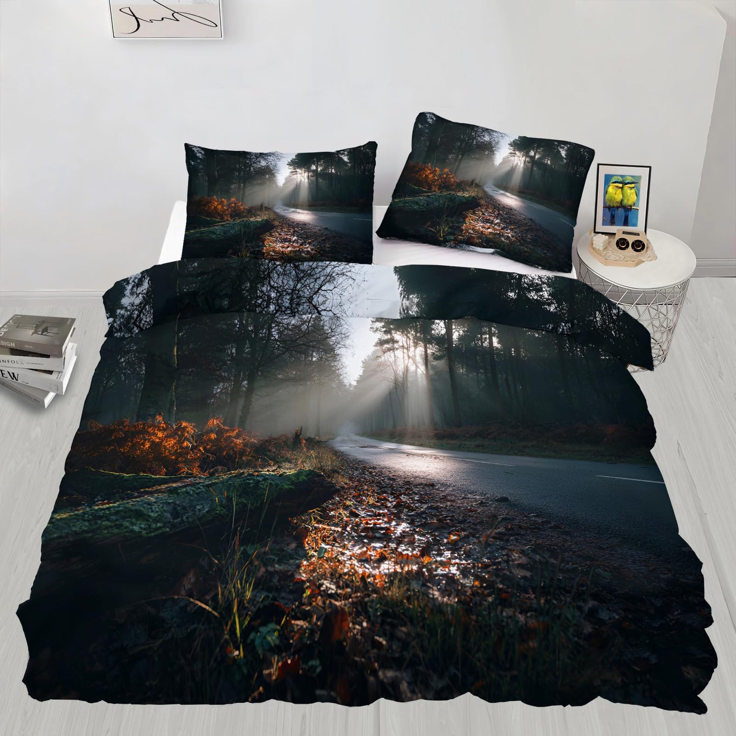Forest Duvet Cover 80" x 90", Sunshine Forest Bedding Set, Dark Natural Landscape Comforter Cover with Zipper Ties