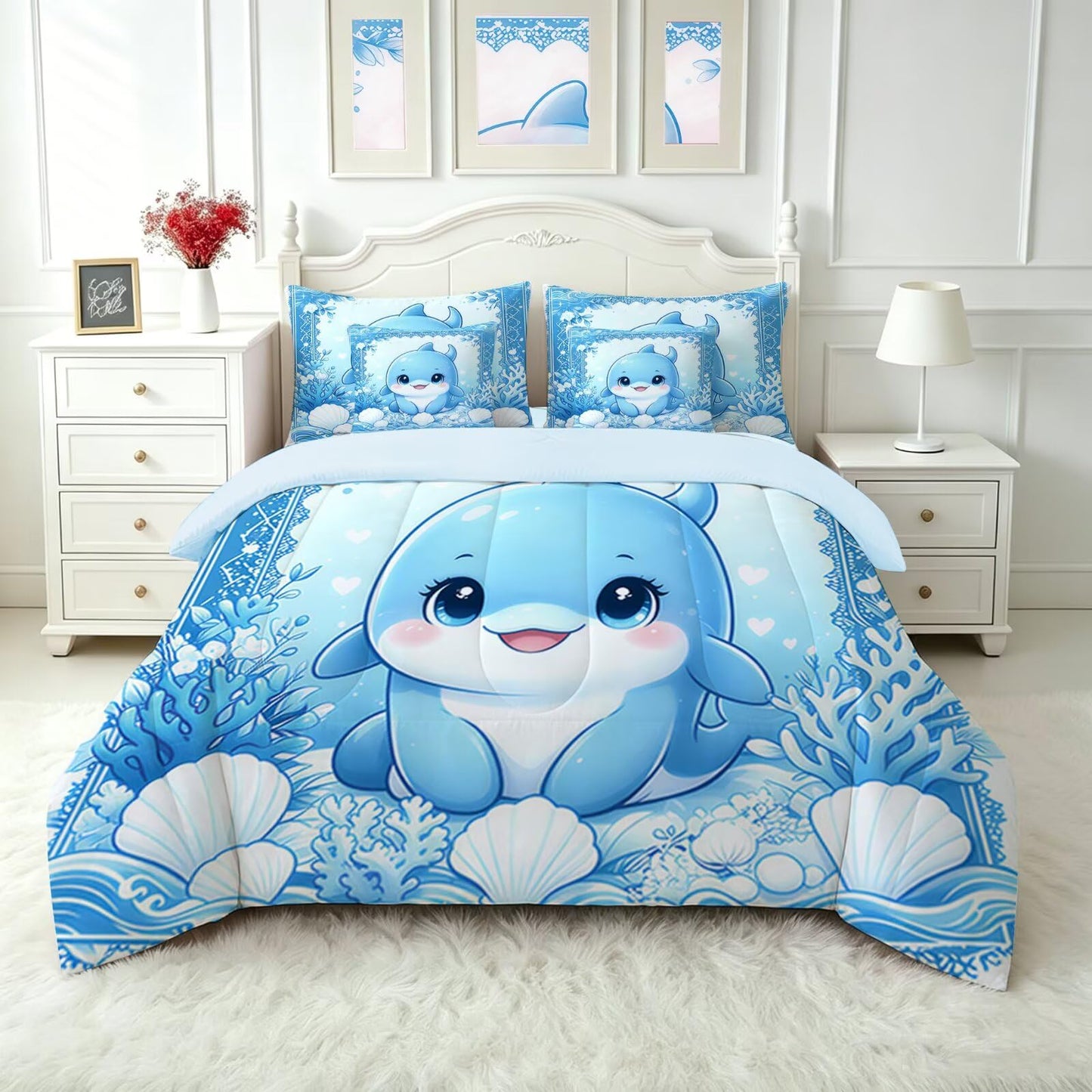 FUYEUN Dolphin King Comforter Set with Sheets for Kids Boys Girls Print 7 Pieces Cute Bedding Set Blue Cartoon Animal Bed in a Bag Princess Room Decor
