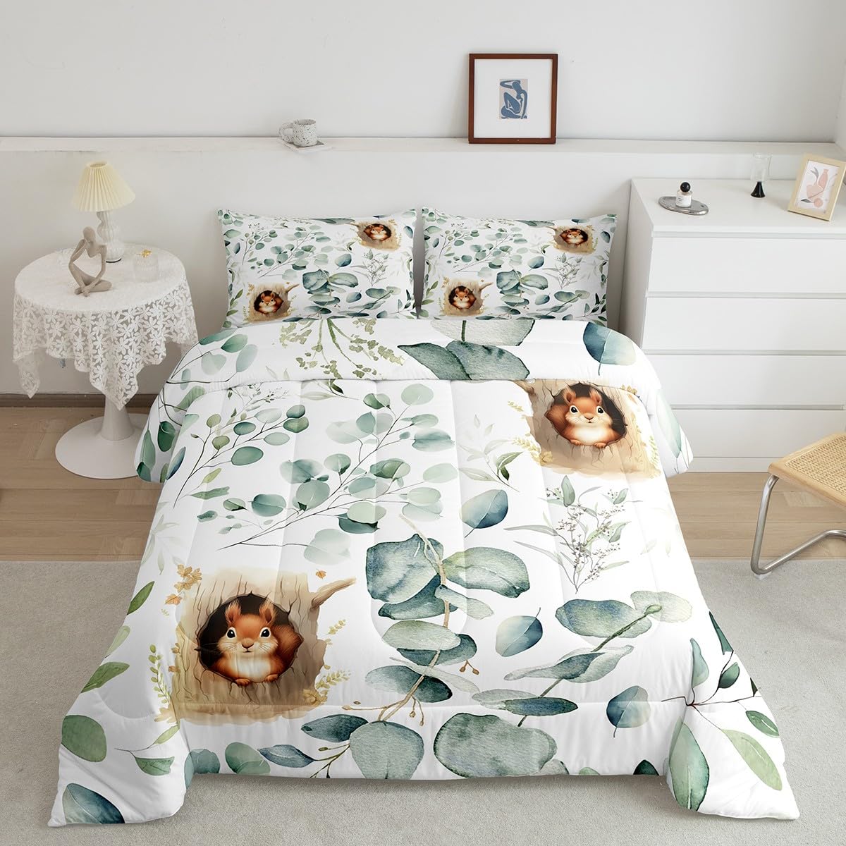 Erosebridal Kawaii Squirrel Bedding Comforter Sets 7pcs for Boys Girls Cartoon Animal Bed in a Bag, Eucalyptus Leaves King Bedding Sets Jungle Wildlife Comforter Set, Tropical Botanical Bedding Sets