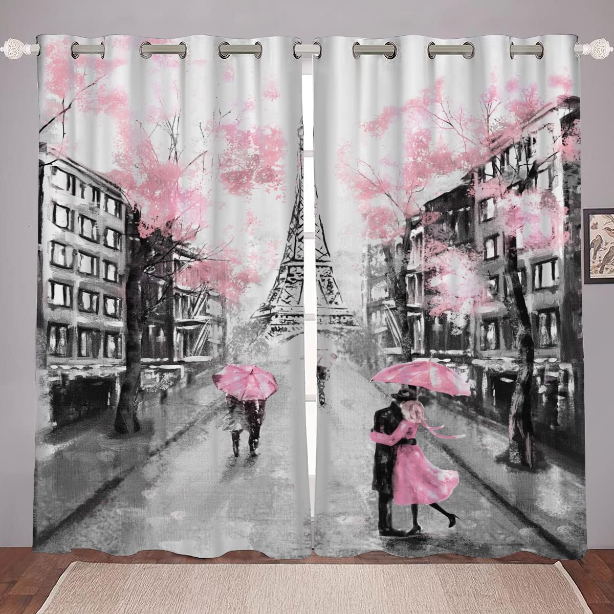 kxry Pink Paris Eiffel Tower Blackout Curtains for Bedroom Living Room French Style Darkening Grommet Curtain 63 Inches Long Window Drapes Treatment Room Decor,2 Panels Set, 42''W x 63''L
