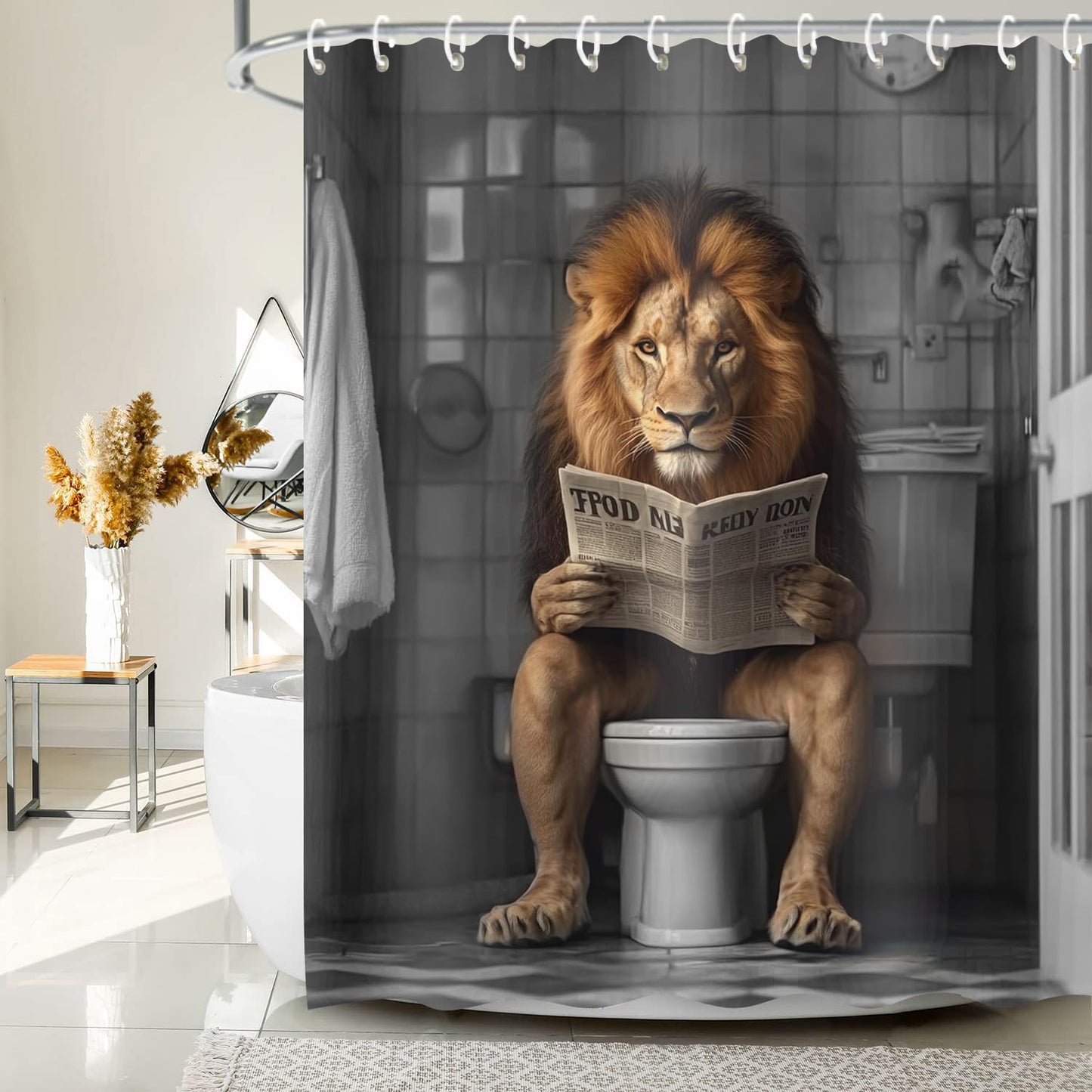 JAWO Funny Shower Curtain Farmhouse Cool Lion Shower Curtains for Bathroom Grey Brown Humor Animal Reading on Toilet Vintage Western Large Cat Bathroom Curtain Polyester Fabric Set Hooks 72X72