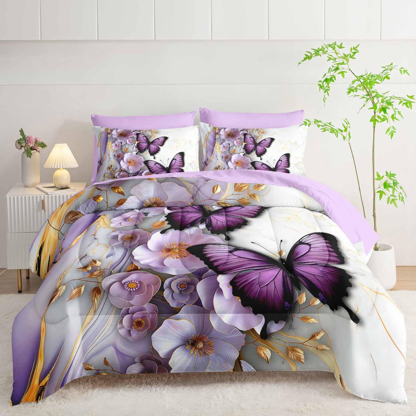 AILONEN Butterfly Girls Comforter Set Printed Full Size 7Pcs Purple Floral Bed in a Bag,Gold White Marble Flower Comforter + Fitted/Flat Sheet + 2 Pillowcases + 2 Pillow Shams for Kids Women