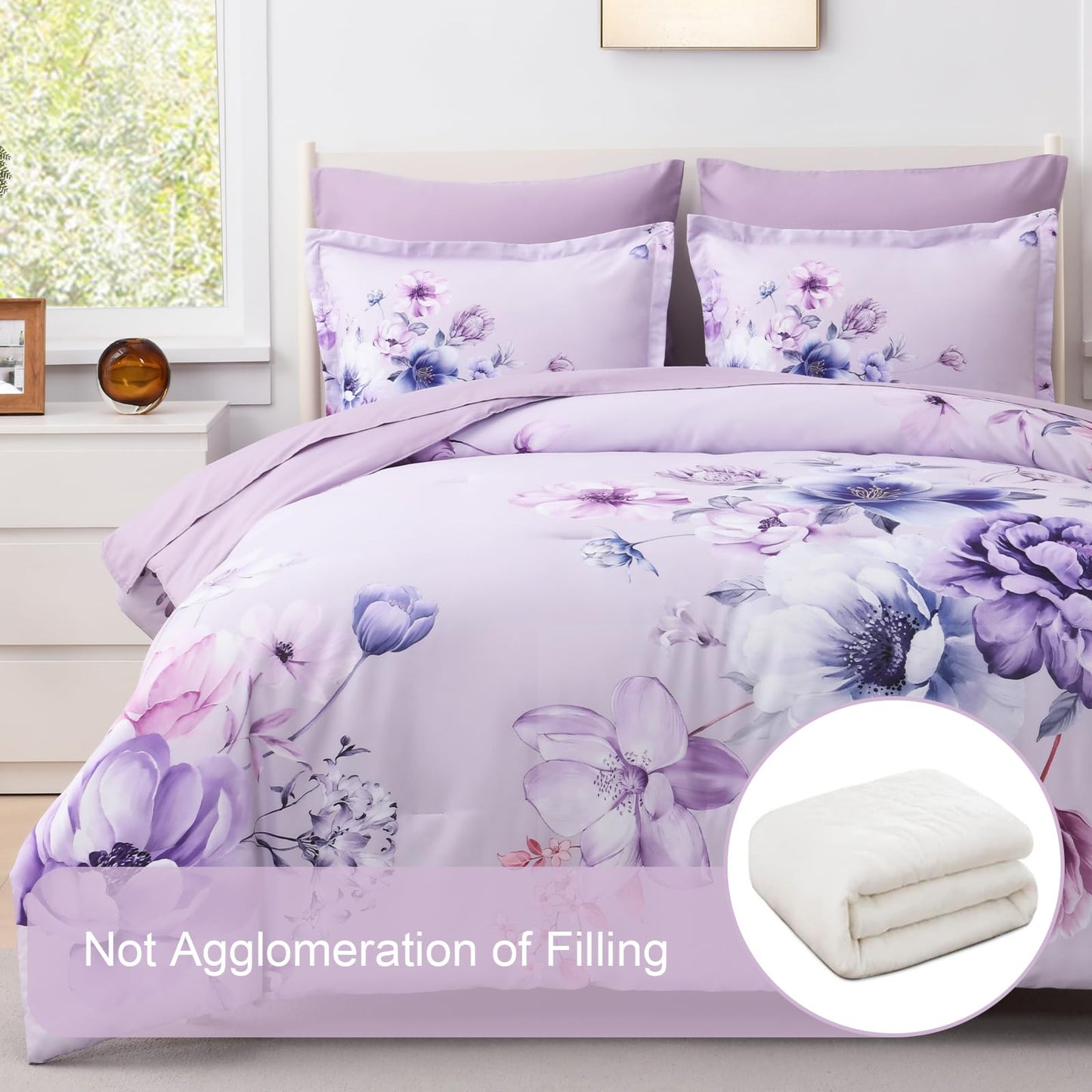 Floral Comforters Queen Size 7 Pieces Botanical Purple Flower Bed in a Bag Ulter Soft Microfiber Bedding Set, Lightweight Bed Comforter Set with Sheets for All Season (Purple, Queen)
