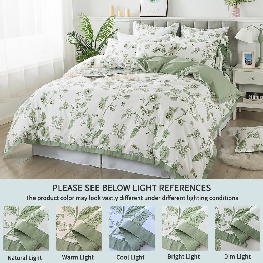 FADFAY Green Duvet Cover Set Full Floral Bedding 100% Cotton Shabby Vintage Reversible Zipper Farmhouse Comforter Cover Flower Print Bed Covers Girls Kids Pretty Bowknot Soft Breathable 3Pcs