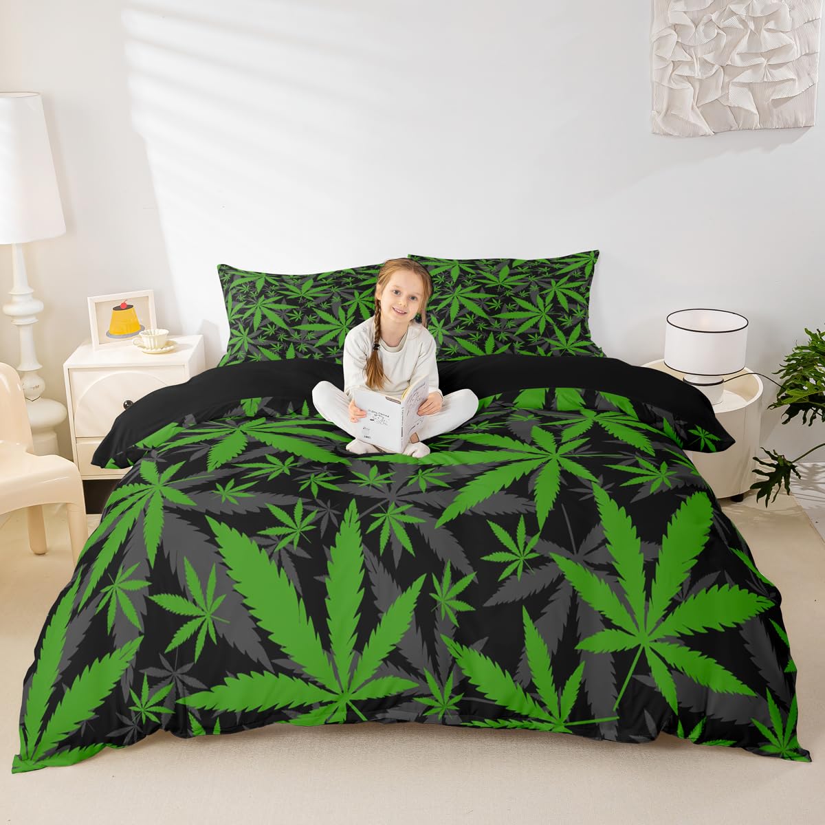 Marijuana Leaf Duvet Cover Teens Cannabis Print Comforter Covers Green Gray Botanical Branches Bedding Set for Boys Girls Youth Adults Queen with 2 Pillow Shams Marijuana Weed Leaves Bedspread Cover