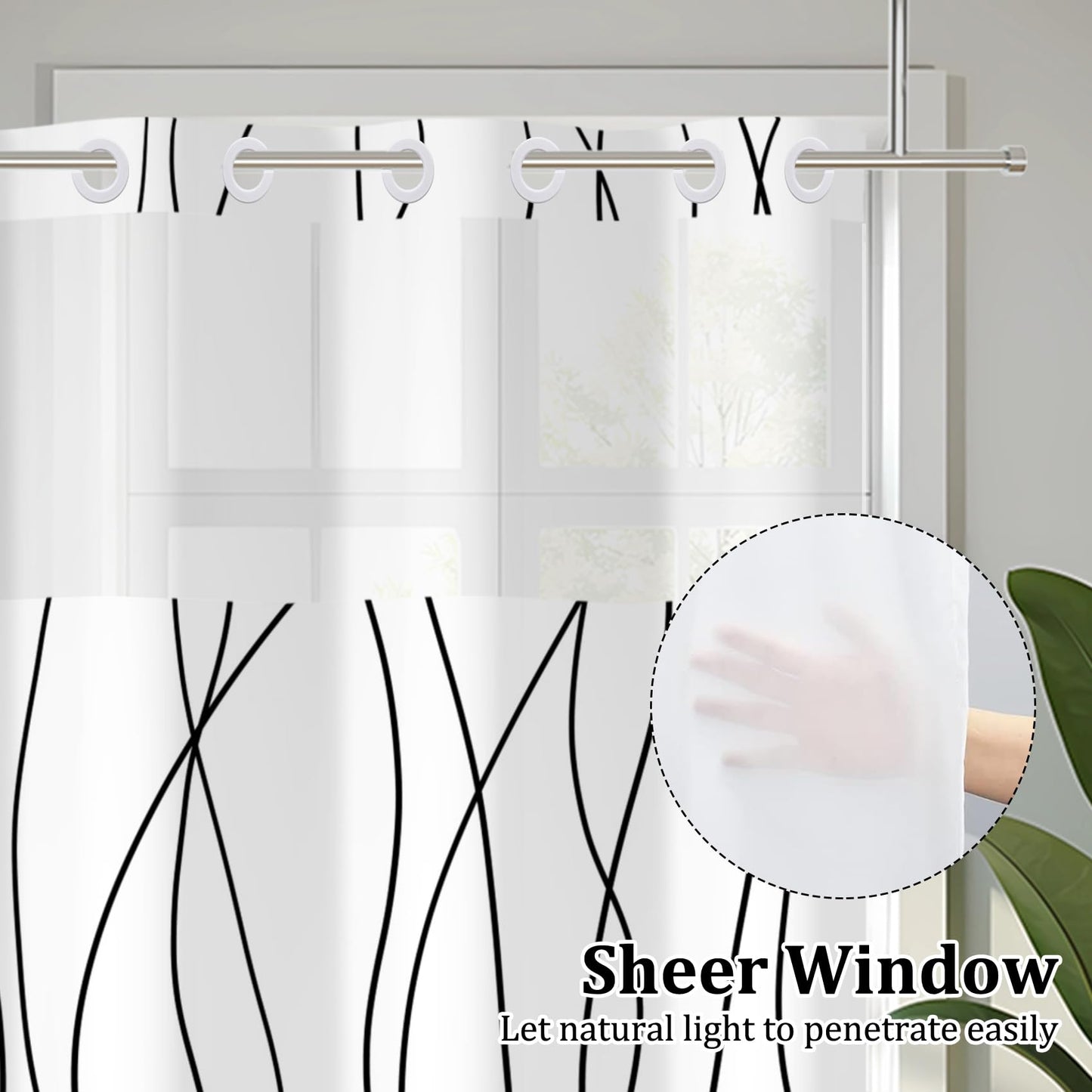 Velaequezii No Hook Shower Curtain with Snap in Liner Set Black White Striped Bath Curtain Double Layers Waterproof Washable Fabric with See Through Mesh Top Window for Bathroom Hotel 71x74 Inch