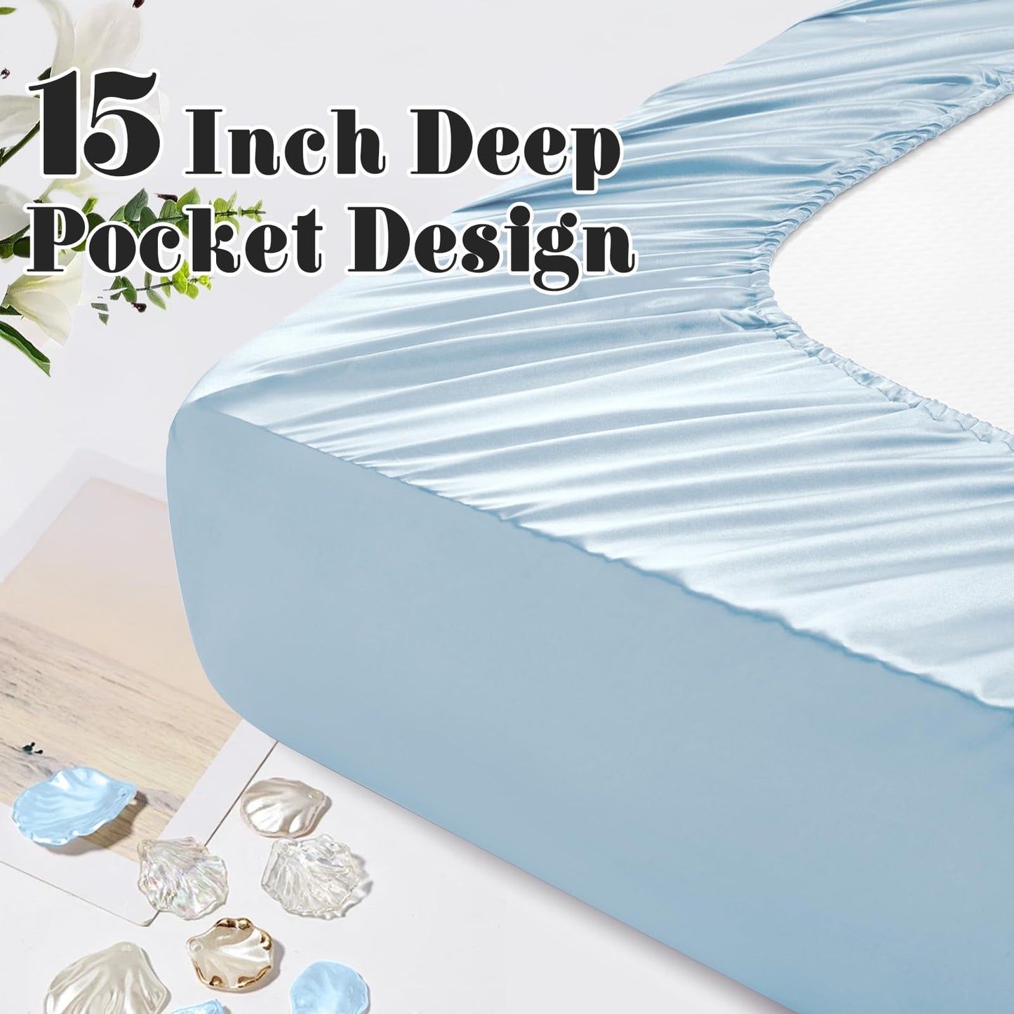 Homiest Ruffled Satin Sheets Full Size 6pc Set - Light Blue Bed Sheet Set with 15 Inch Deep Pocket Fitted Sheet, 1 Flat Sheet, 2 Ruffled Pillow Shams & 2 Pillowcases, Similar to Silk Sheets
