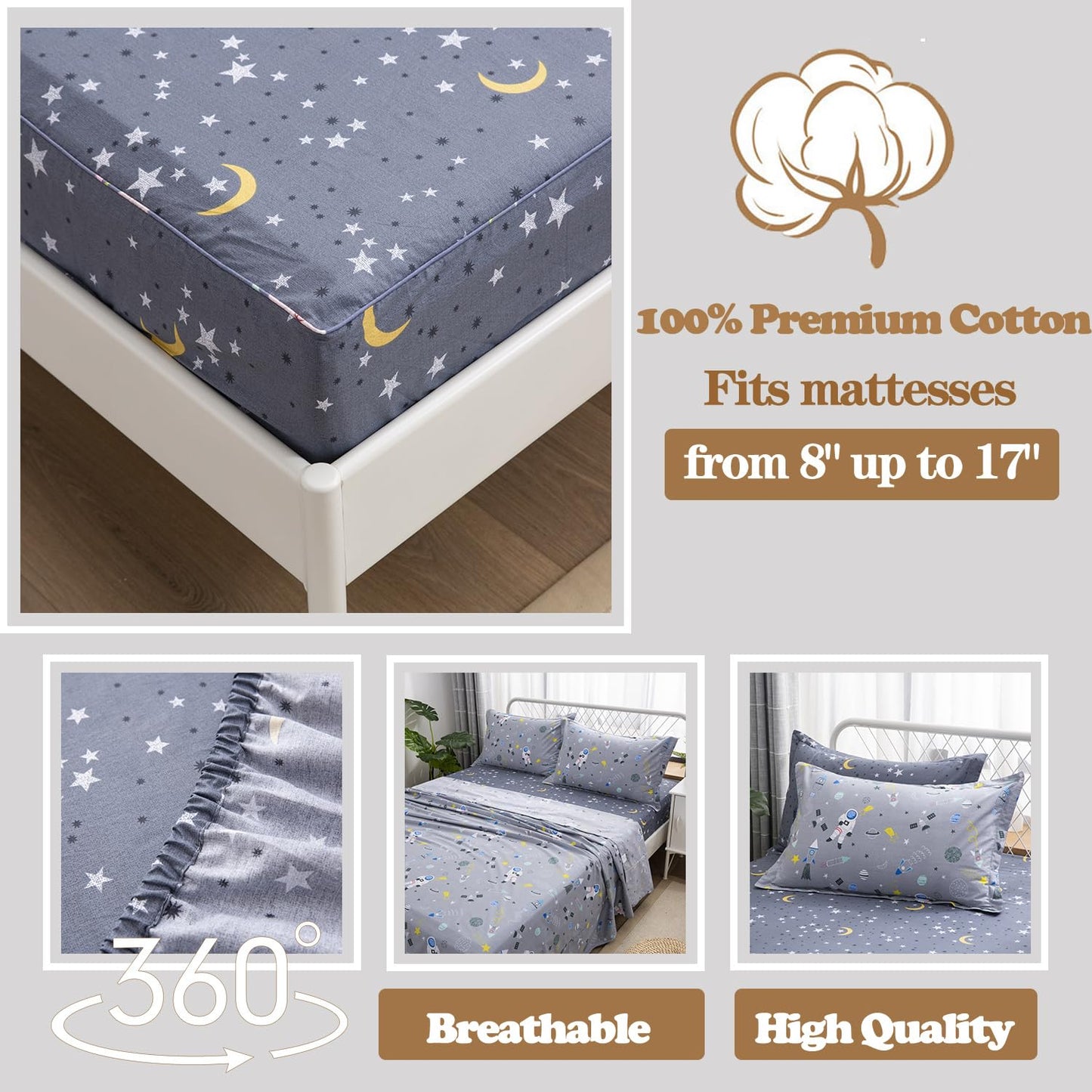 Brandream Kids Bedding Sets Full Size Astronaut Space Galaxy Boys Bed Sheet Set Deep Pockets Grey Bed Sheets Pillow Cases Set 100% Cotton 4-Piece
