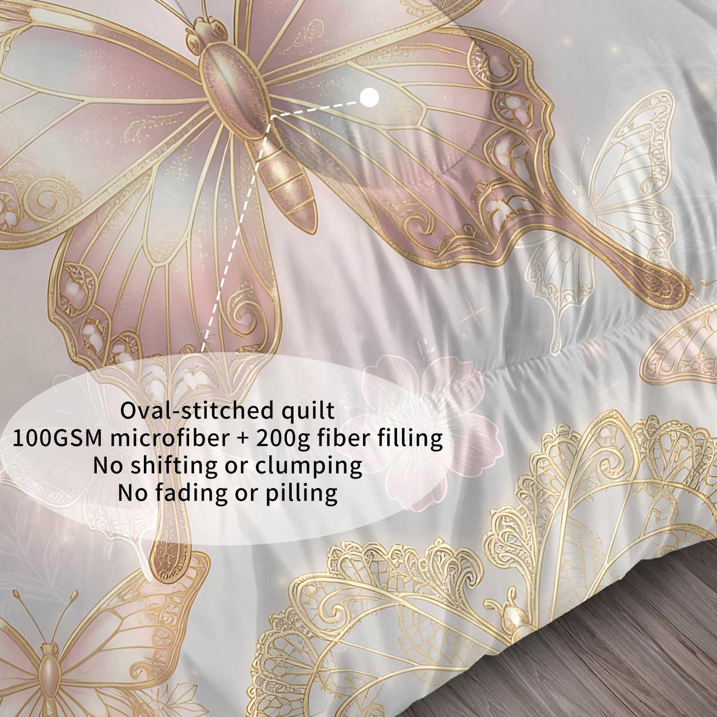 DJNEAR Pink Gold Butterfly Comforter Set, Elegant Shimmer Butterfly Bedding Set for Girls Teens Women, Soft Microfiber All Season with 1 Comforter 1 Pillowcase, Twin Size