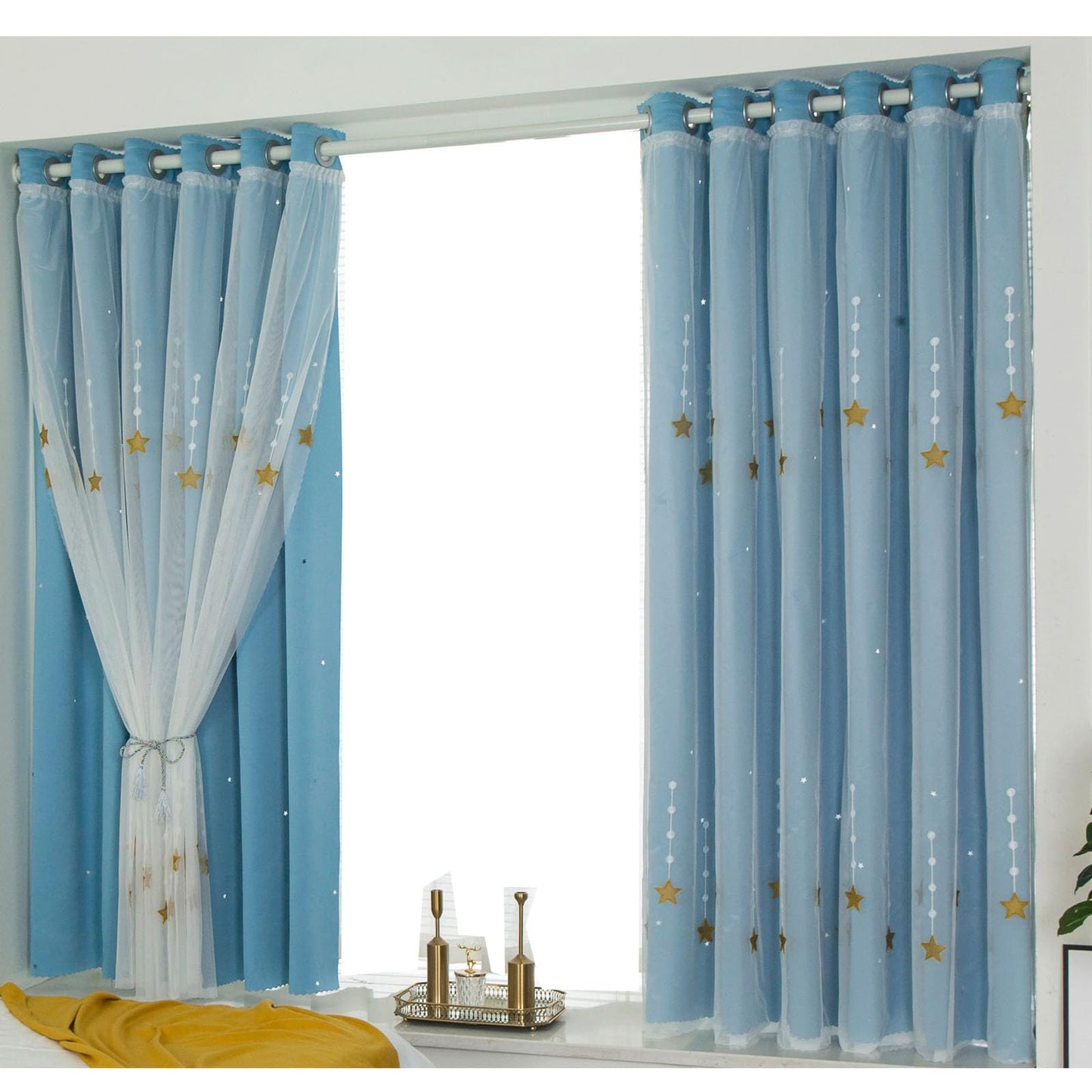 Blue Shooting Star Pattern Living Room Bedroom Blackout Insulated Double Layer Curtains for Girls Bedroom Kids Room Decor(47" W x 66.9" L)
