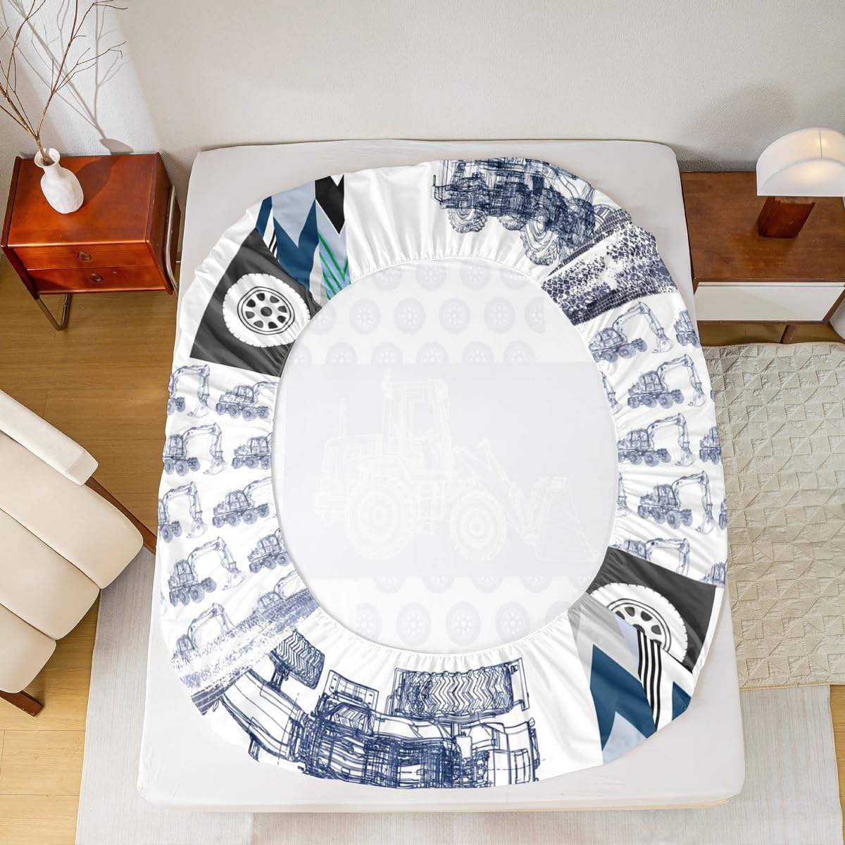 Kids Construction Sheet Set Full Size Equipment Trucks Bed Sheets Set Cartoon Car Excavator Tractor Sheets with Deep Pocket Fitted Sheet Construction Vehicles Plaid Grid Blue and White Bedding Set