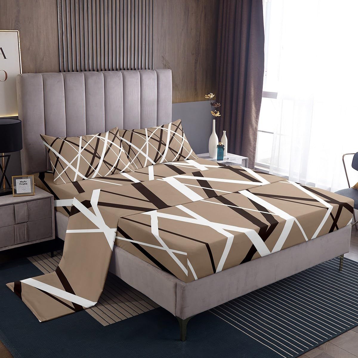 jejeloiu Boys Girls Sheet Set Queen Size, Dark Khaki Bedding Set Kids Geometric Bed Sheets Stripes Teens Bedroom Decor Soft Bed 4Pcs