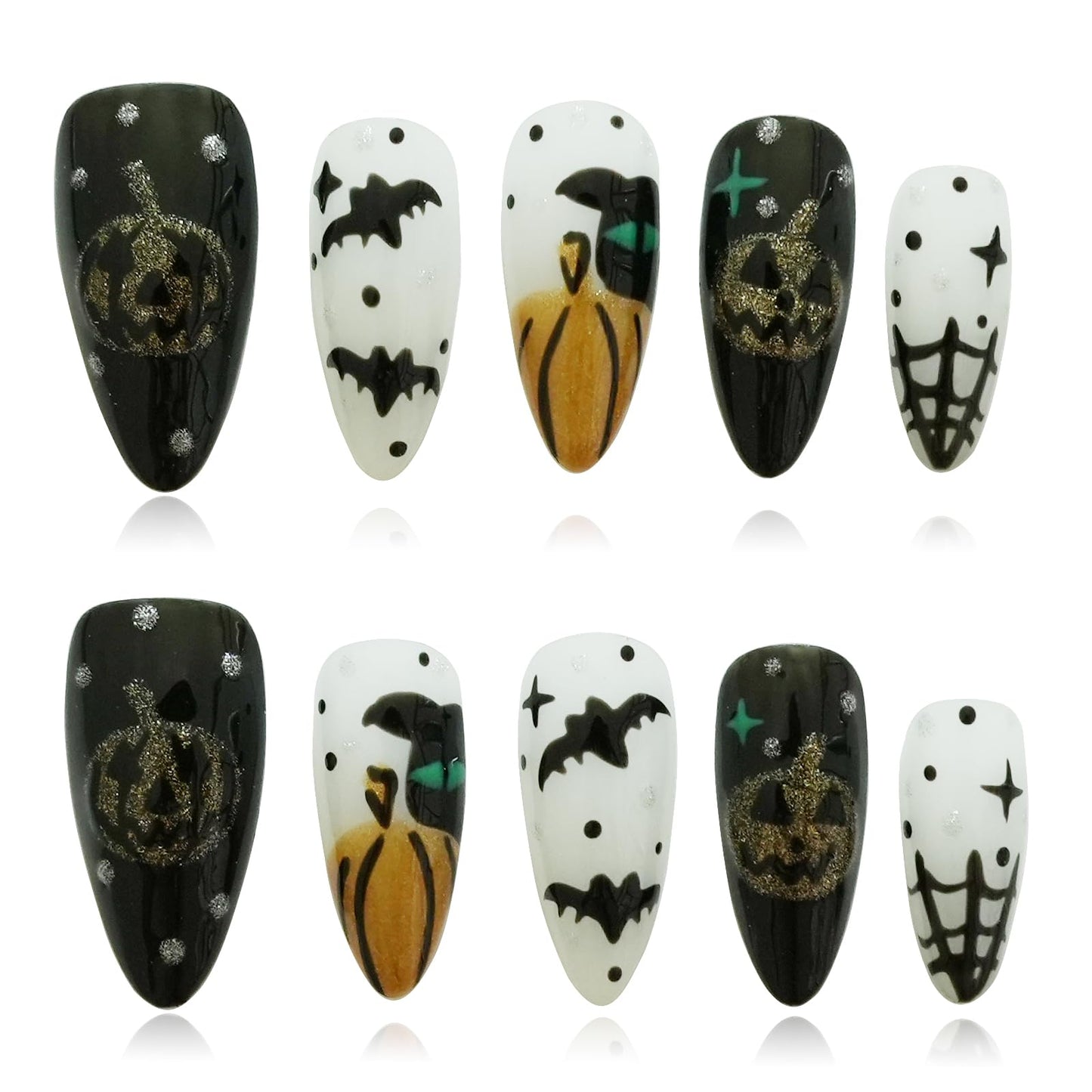 Tesytto 10pcs Handmade Press on Nails Almond - Halloween 3D Bat & Pumpkin Designs, Black White Cobweb Reusable Acrylic Nails for Women (Spooky Vibes,M)