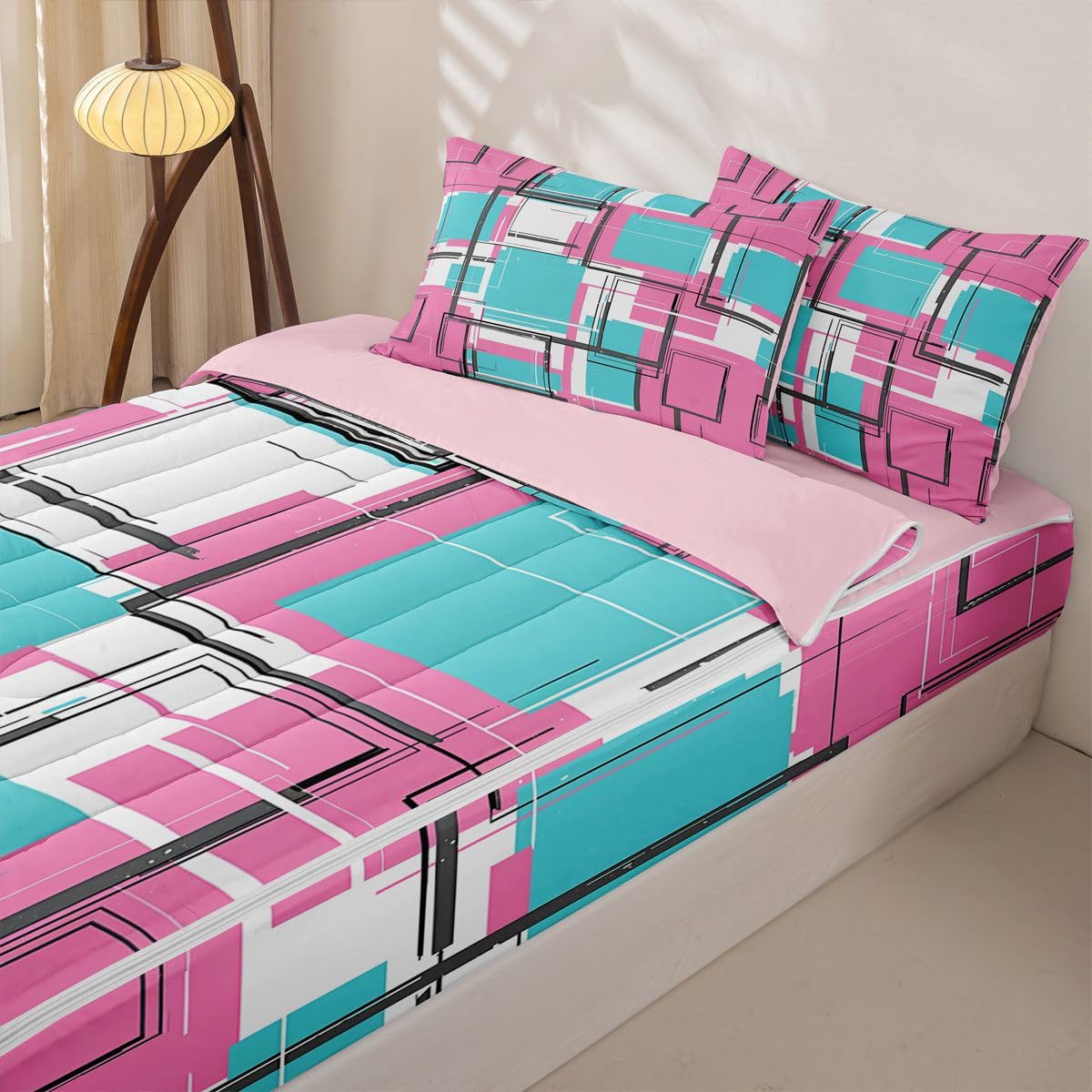 Erosebridal Graffiti Geometric Zippered Comforter Set Fashion Square Lines Zipper Bedding Set Full Size Aesthetic Patterns Bed in a Bag Modern Fashion Geometric Comforter with Sheets