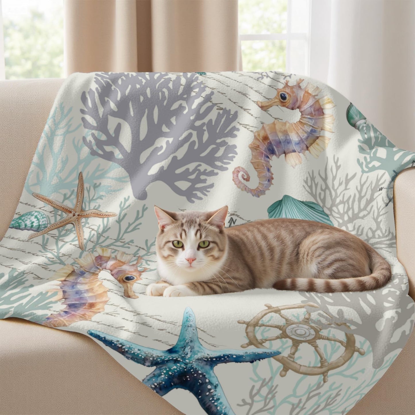 Nautical Coastal Blanket - Starfish Coral Seashell Compass Throw Blankets for Couch Chair Decor, Teal Blue Ocean Themed Lightweight Soft Fuzzy Cozy for Sofa Bed Room 50 x 60 Inch