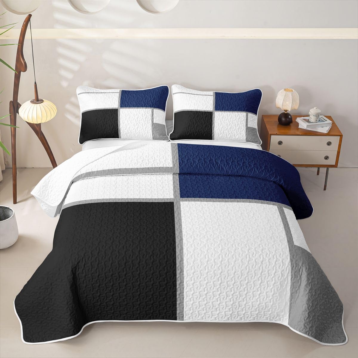 Erosebridal Geometric Quilt Twin for Adults Teens Black and White Abstract Quilt Set Navy Blue Striped Grid Coverlet for Minimalist Modern Art Patchwork Quilted Bedspread with 1 Pillowcase
