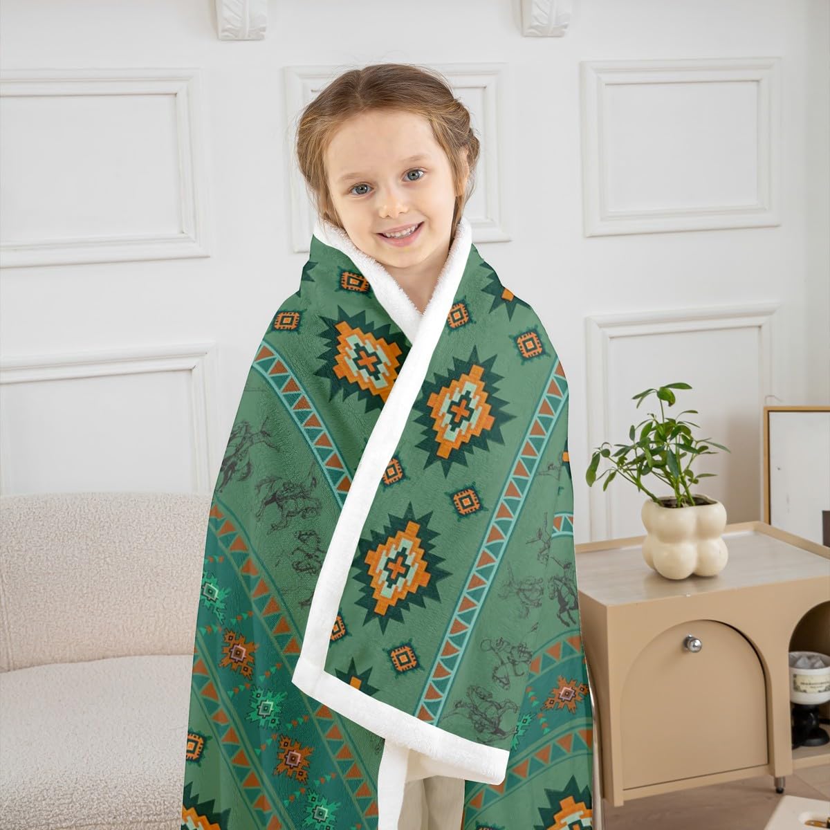 Feelyou Western Cowboy Throw Blanket Southwestern Aztec Pattern Fleece Sherpa Cozy Fuzzy Plush Warm Horse Riding Design Fuzzy Plush Throw Ranch Farmhouse 40"x50" Green Orange for Bed Couch Living Room