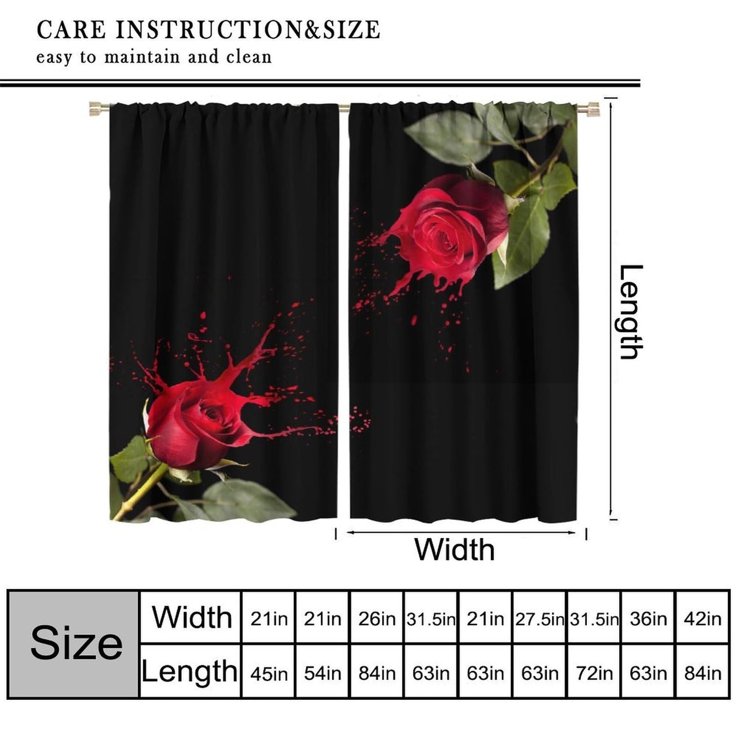 GoDazzling Rustic Romantic Red Rose Curtains, Vintage Floral Leaves Rod Pocket Window Drapes, for Bedroom Living Room 41" W X 45" L (No Blackout)