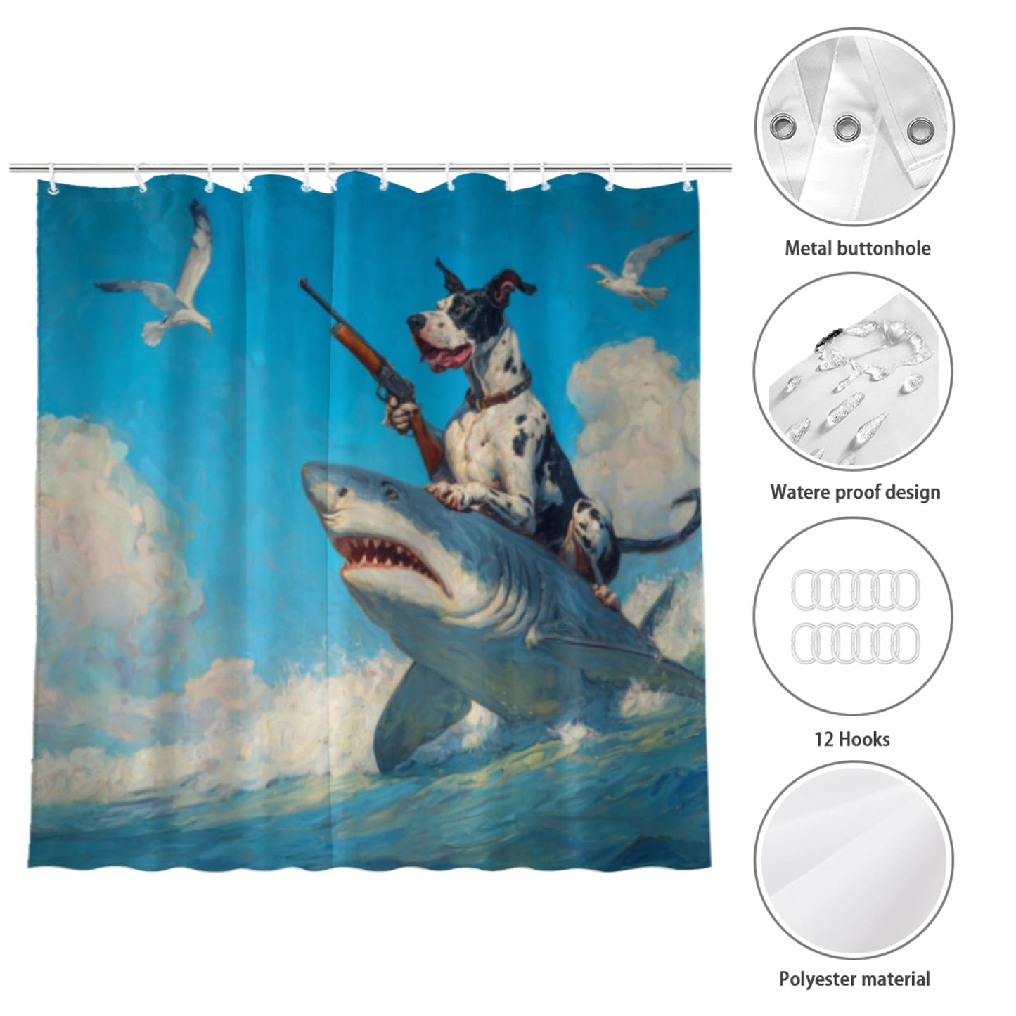 Wordatu Funny Great Dane Riding Shark Shower Curtain Ocean Sea Waves Seagull Animal Surfing for Kids Boy Men Waterproof Fabric Bathroom Decor 72x72 Inch with 12 Hooks