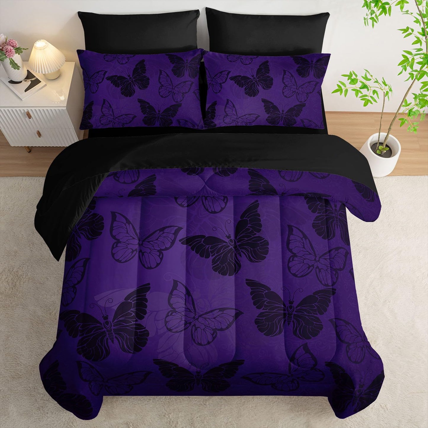 Smell Sunshine 7pcs Purple Butterfly Comforter Set Black Purple Printed Bedding Set with 1 Comforter, 1 Flat Sheet, 1 Fitted Sheet and 4 Pillowcases for Boys and Girls Bedroom (Butterfly-5 Twin