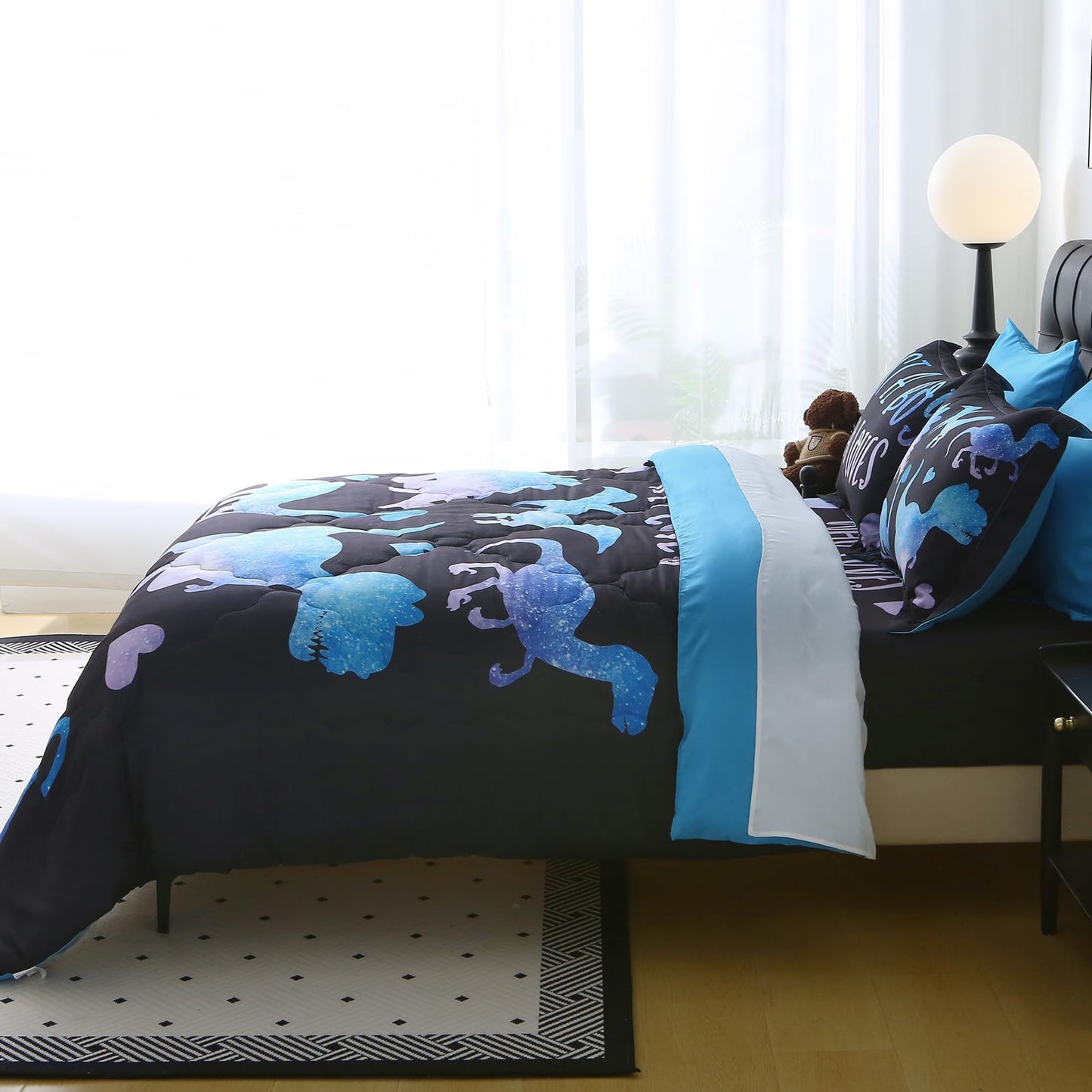 Jameswish 7 Piece Boys Dinosaur Comforter Set Full Size Blue Dinonsaur Soft Microfiber Bed in A Bag with Comforter,Sheet Set,Pillowcase and Sham for Child Teens All Season