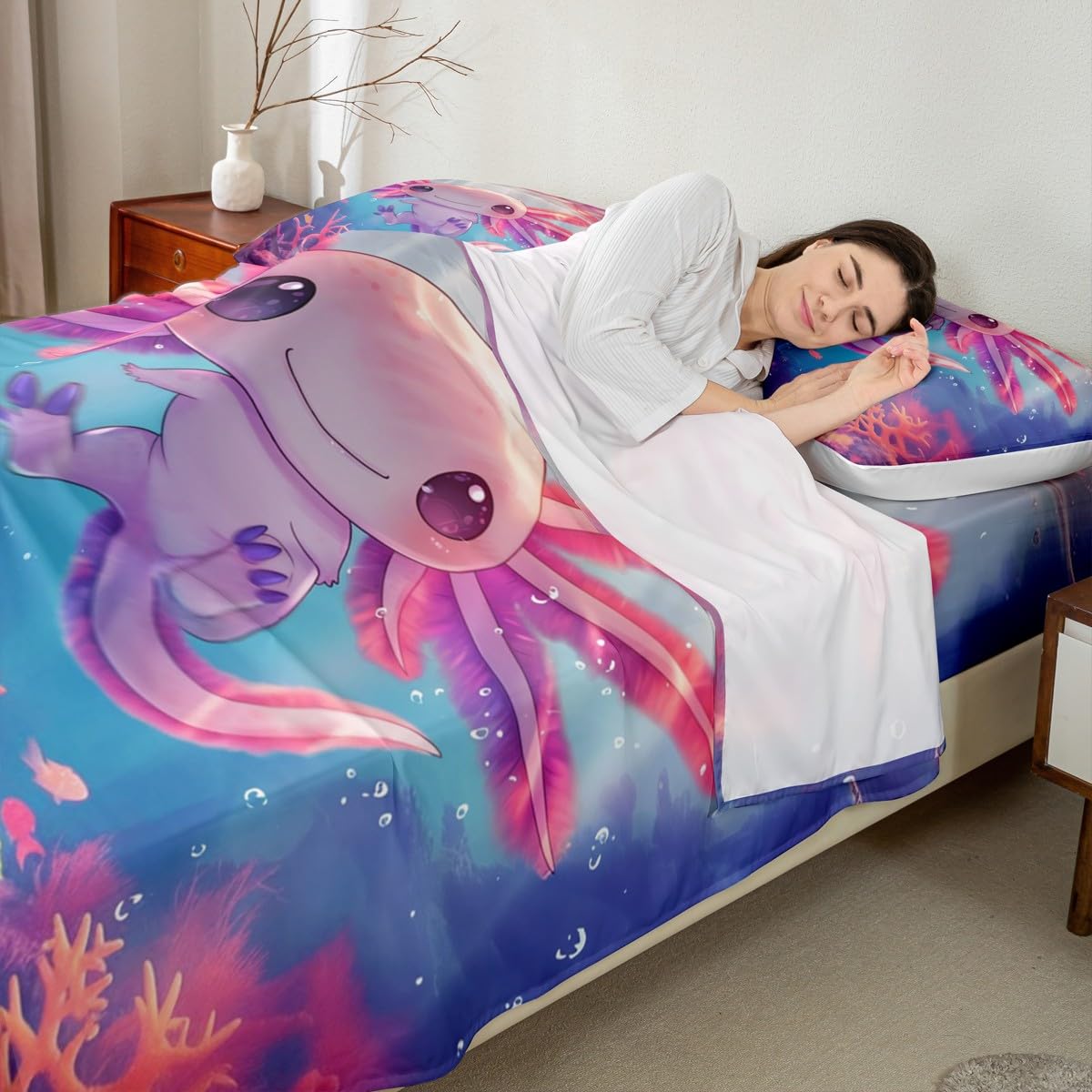 Erosebridal Cute Axolotl Bed Set Salamander Ocean Animal Bed Sheets Set Full Underwater World Flat Fitted Sheet for Girls Kids Adult,Maeine Life Bedding Sets for Bedroom Decor with 2 Pillow Cases