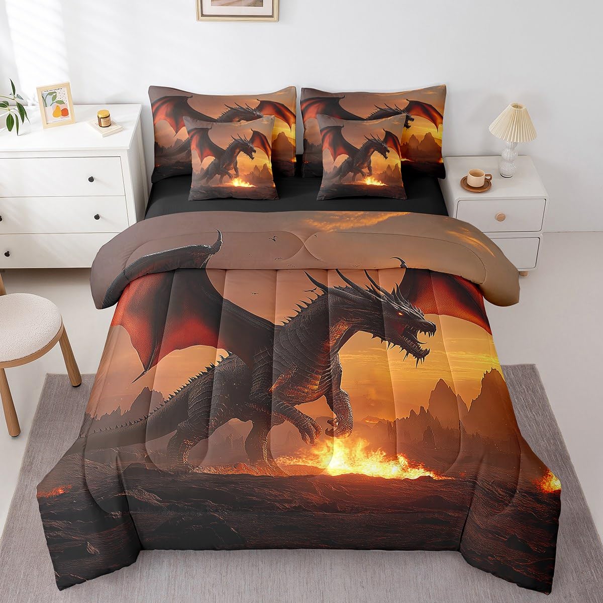 Erosebridal Fire Dragon Comforter Sets with Sheets - Wildlife Animal Theme Bedding Set Queen for Boys Girls 3D Wild Animal 7Pcs Bed in A Bag Fierce Dragon Bed Set
