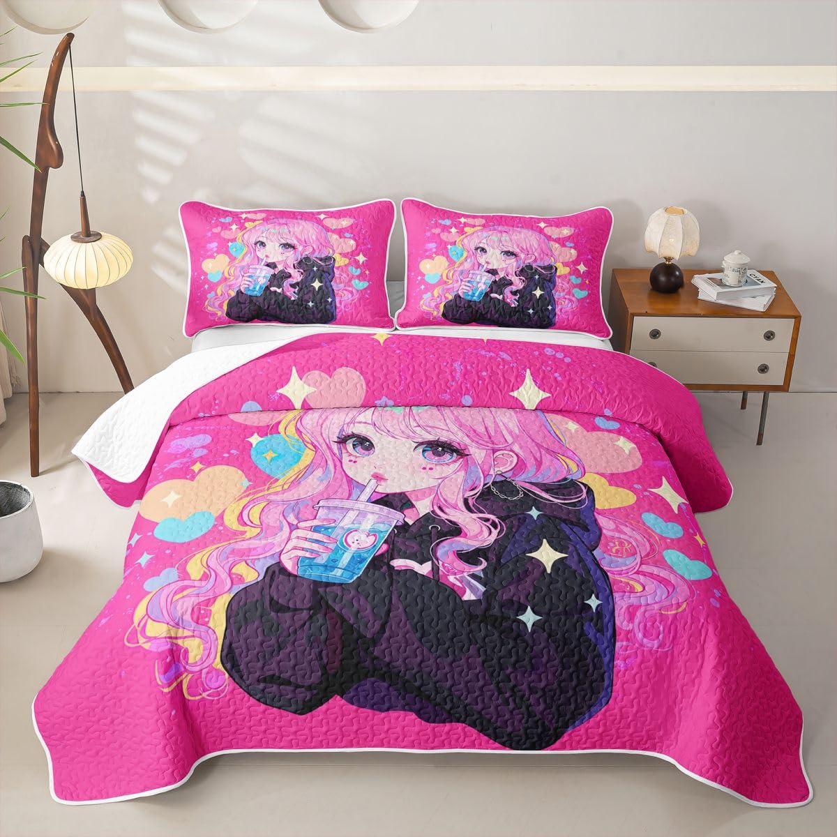 Erosebridal Preppy Girls Quilt Twin Size - Kawaii Japanese Girl Drinking Water Bedspread Coquette Girl with Colorful Curly Hair Bed Coverlet with 1 Pillowcase