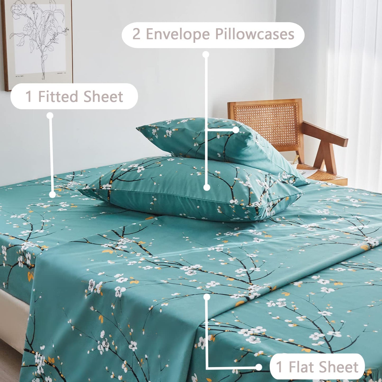 ZRNBAST Teal Sheet Set 4 Pcs King Sheet Set Floral Print Flat Sheet Fitted Sheet Farmhouse Style Chic Bedding Sheets Easy Fit Microfiber Sheets-All Seasons (Teal, King)