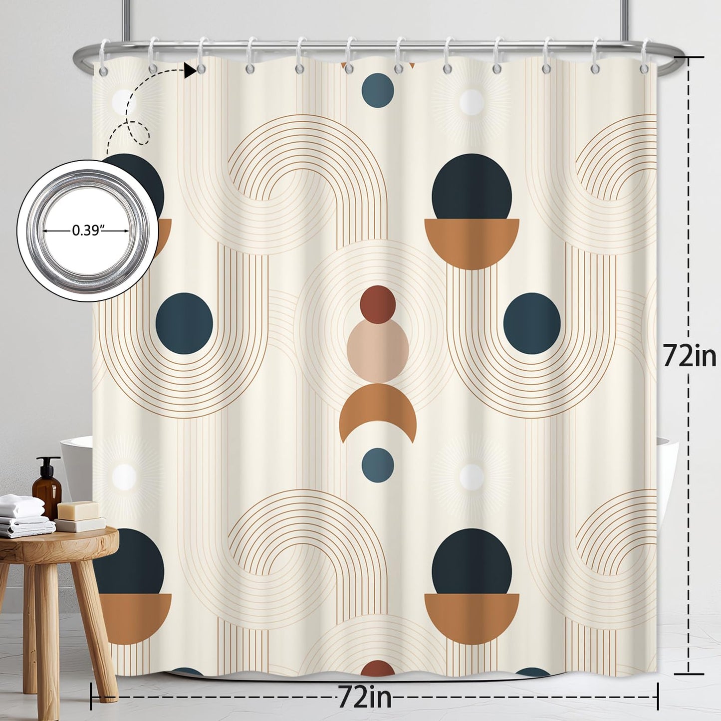 Abstract Mid Century Shower Curtain, Boho Geometric Arch Beige Retro Bathroom Shower Curtains, Morden Minimalist Hotel Style Polyester Shower Curtain, Waterproof Fabric with Hooks, 72" W x 72" L