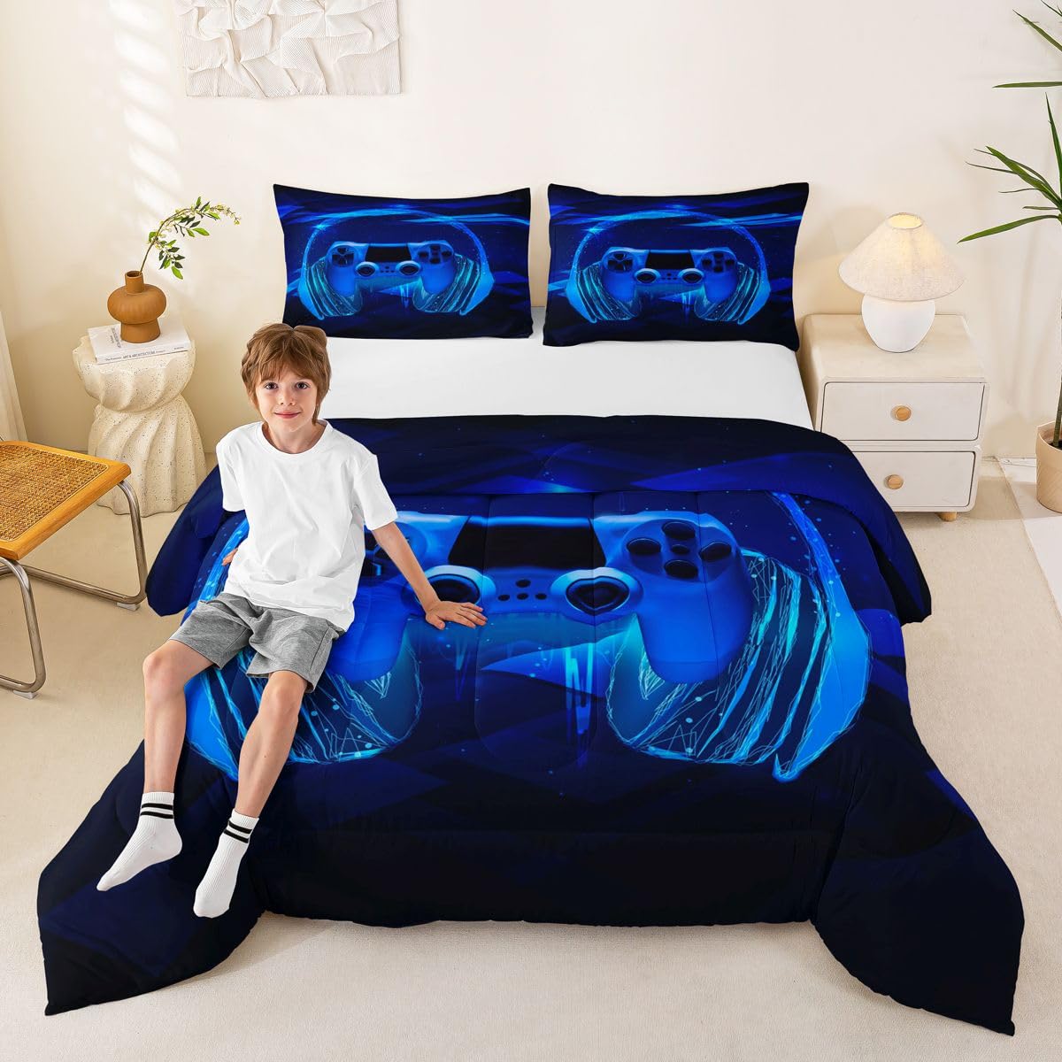 Feelyou Gamer Bedding Set Kids Video Game Gamepad Comforter Set for Boys Teens Gaming Headset Comforter Breathable Blue Game Controller Duvet Set Room Decor Quilt Set Twin Size