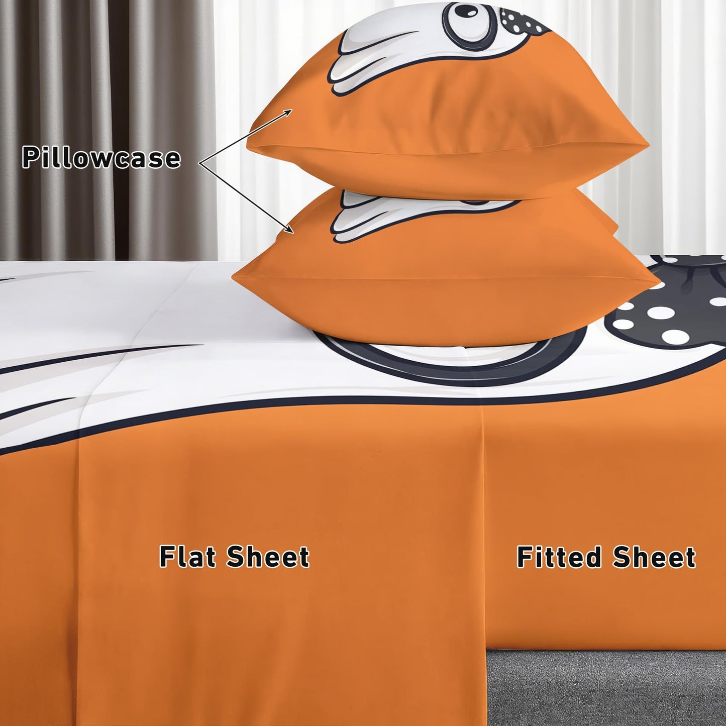 Cartoon Ghost Sheets Twin Size - Kawaii Halloween Orange Bed Sheet Set - Deep Pocket Soft Microfiber Bedding Set 3 Piece - Fitted Flat Sheet Pillowcase - Ghost Bedroom Decor & Gifts