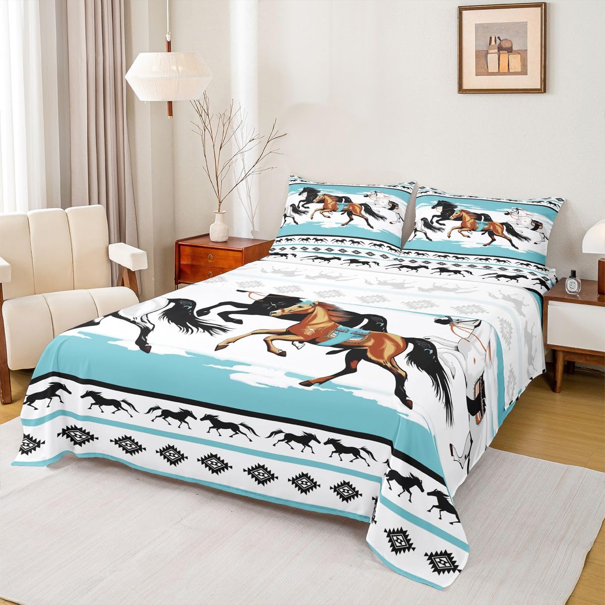 jejeloiu Horses Bed Sheets Set Queen Size Tribal Farm Sunset Run Bed Set Farmhouse Wildlife Deep Pocket Fitted Sheet Southwestern Native Aztec Breathable Soft Lightweight Microfiber