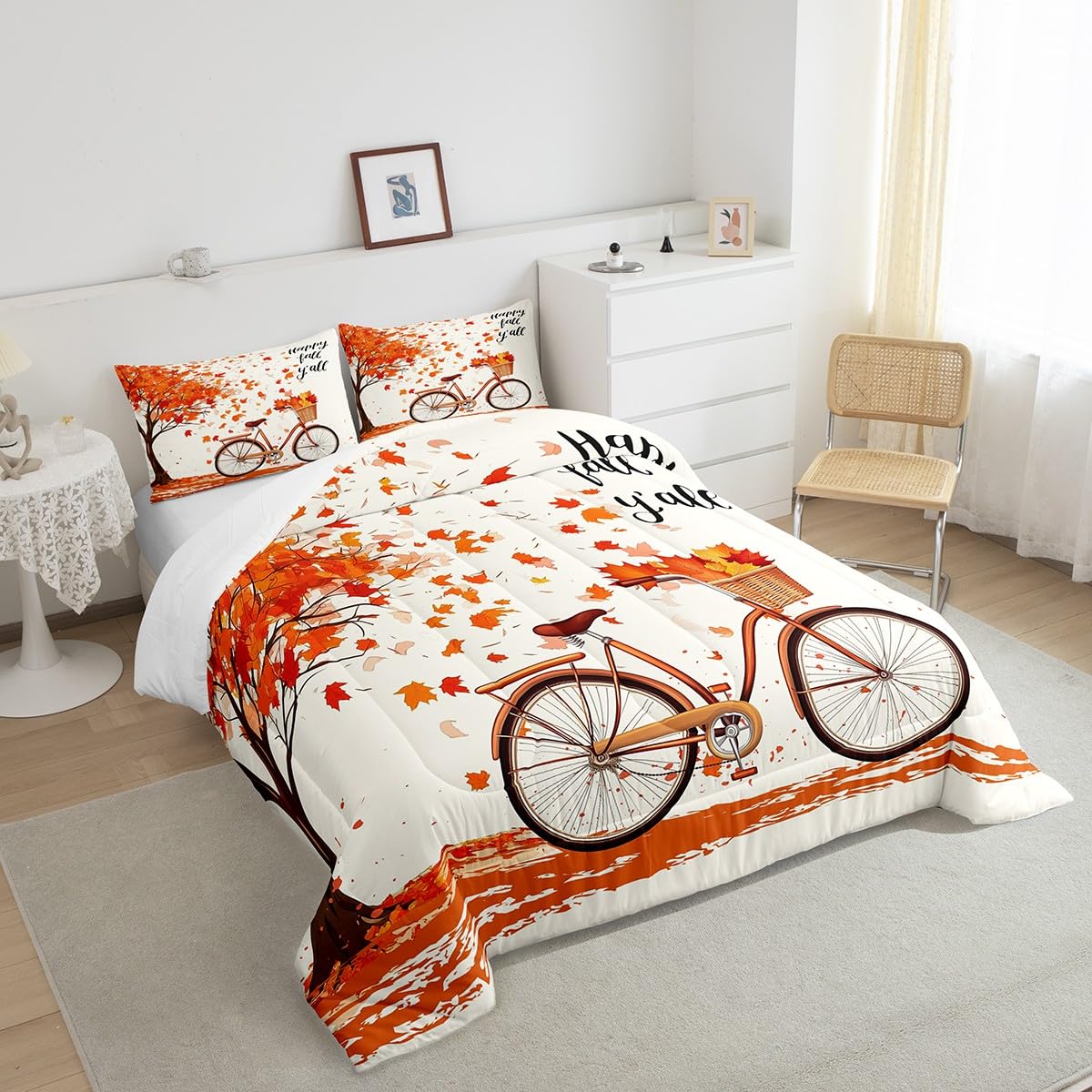 Fall Style Maple Leaves Comforter Set Queen Size, Rustic Farmhouse Bike Quilt Set for Home Room Decor,Thanksgiving Gifts Bedding Retro Nature Plants Duvet Insert, 2 Pillowcases