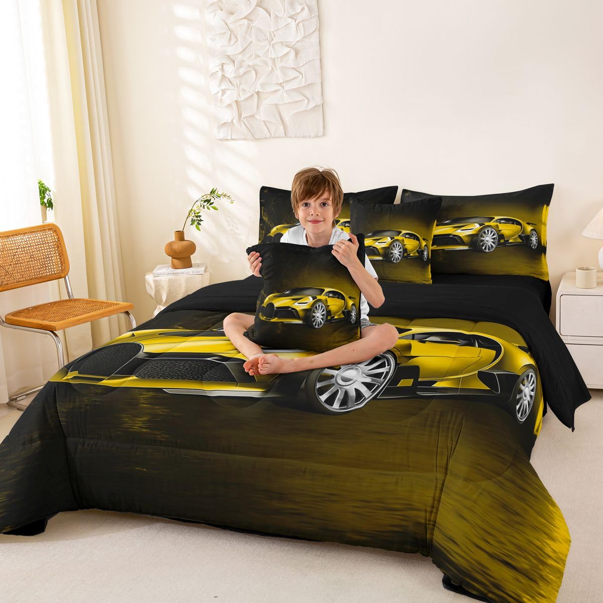 Feelyou Sports Car 7 Piece Bedding Set Yellow Race Car Comforter Set with Sheets for Kids Boys Girls Extreme Sports Bed in a Bag Cool Speed Luxury Car Decor Quilt with 2 Pillowcases Queen