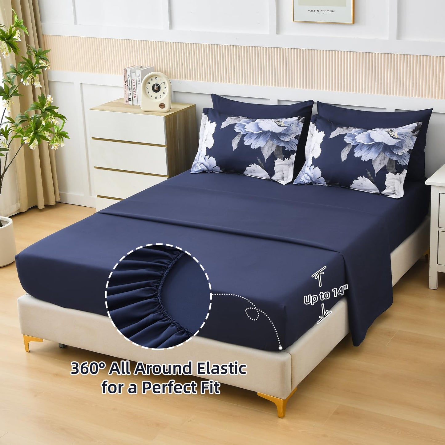 Dobuyly Navy Blue Comforter Set Queen Size 7 Piece Bed in a Bag, Floral Comforter Set with Sheets, Soft Microfiber Botanical Flowers Complete Bedding Set for All Season
